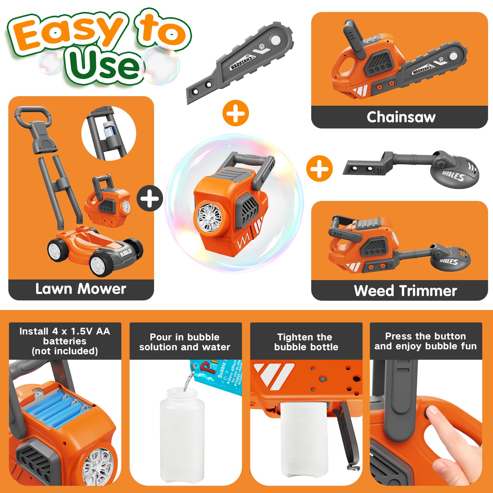 Bubble Lawn Mower for Kids, 3-in-1 Bubble Machine Blower with 10 Bubble Solution, Outdoor Push Toys for Toddlers Ages 3-8, Birthday Easter Summer Gift for Boys Girls 3 4 5 6 7 8 Year Old - 4