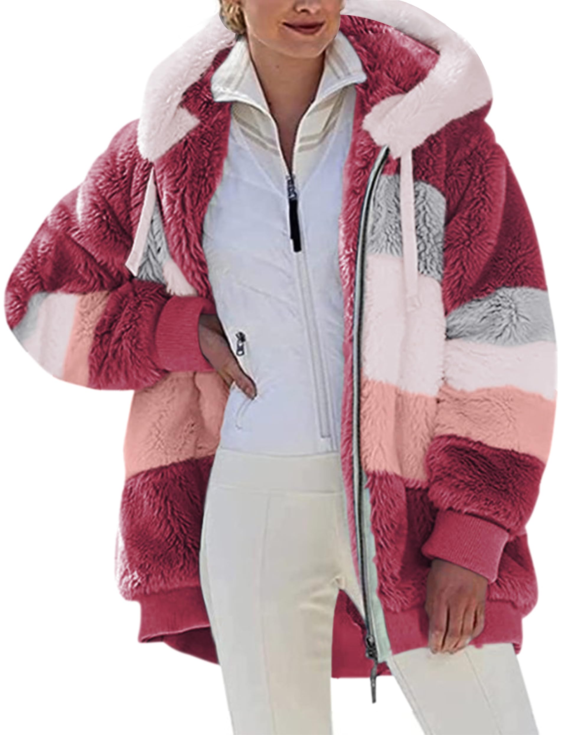 Livonmone Womens Teddy Hoodies Fleece Jackets Winter Warm Coats Full Zip Stylish Fuzzy Sweatshirt Ladies Casual Jumper Outerwear With Pockets (Red, XL)