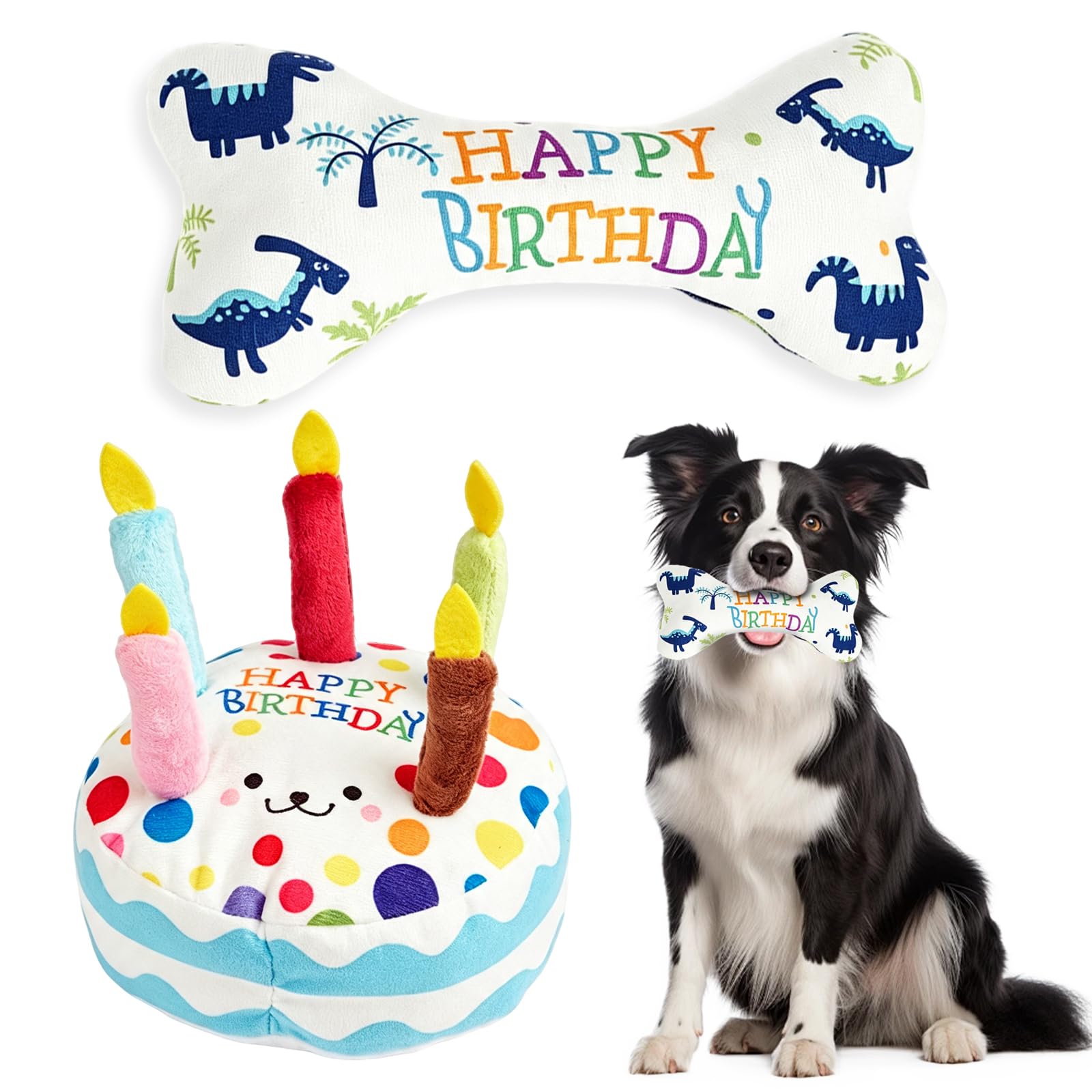 Coaklley Dog Birthday Cake Toy Set Dog Birthday Present Blue Plush Cake & Bone Chew Toys for Dog Fun Interactive Puppy Playthings for Special Day Celebration 2 Pcs