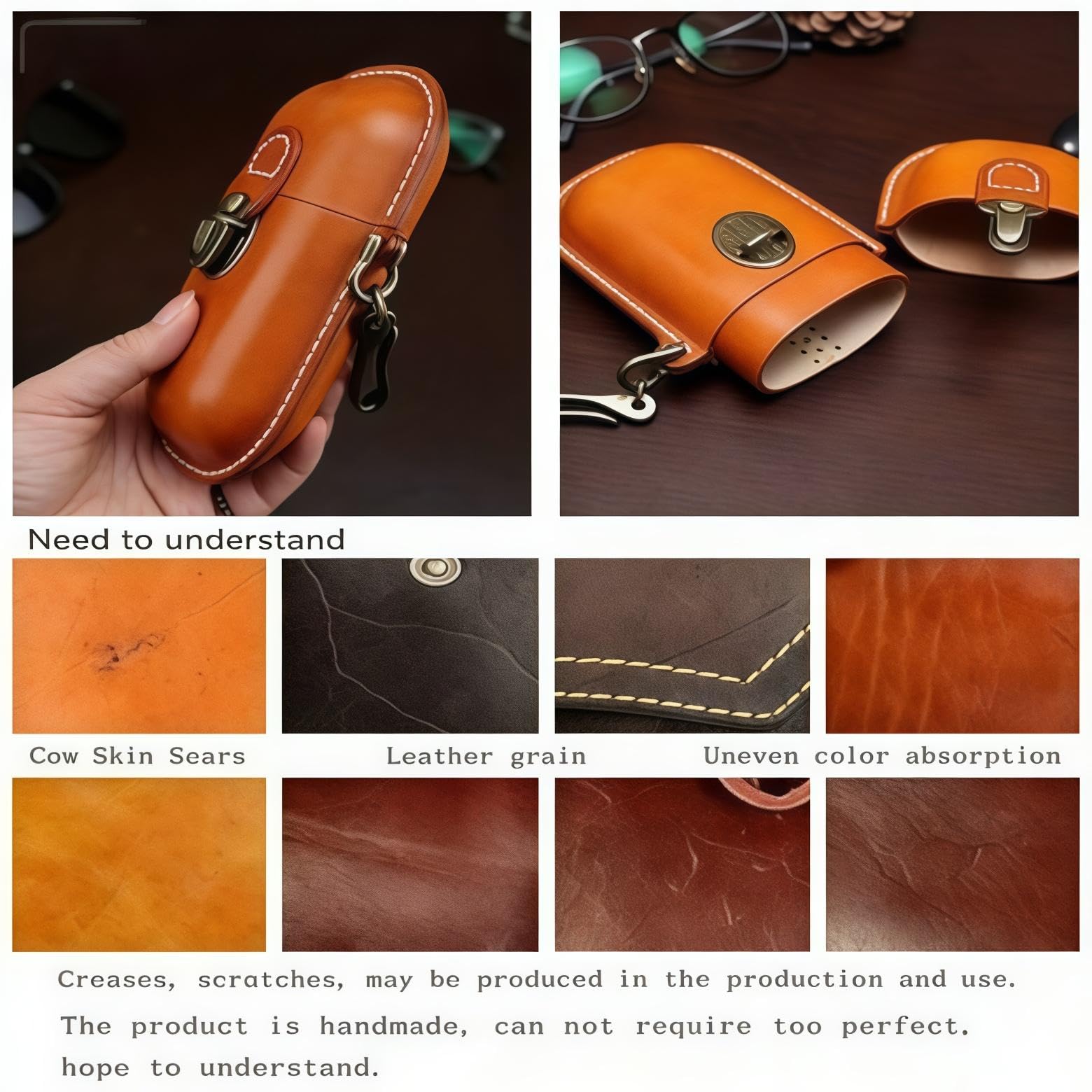 Étui de protection en cuir pleine fleur rétro (lunettes de soleil, lunettes de vue, lunettes de lecture), pochette de rangement pour lunettes portable,Marron