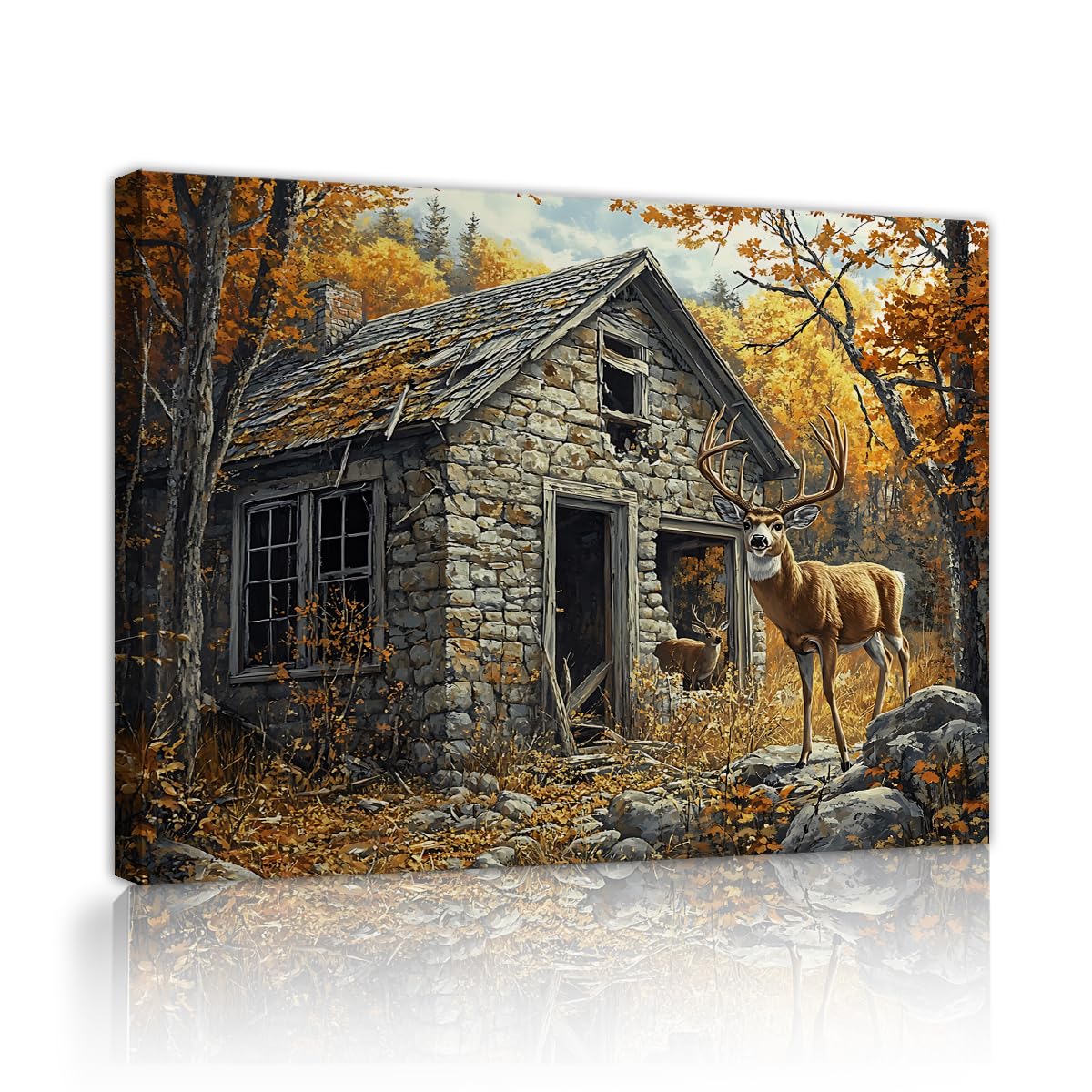 CHERHERART Las Jeleń Kamień Mural Domek Płótno Jesień Jesień Krajobraz Scena Naturalna Vintage Ilustracja Ścienna Do Salonu Biura 40 x 50 cm Struktura wnętrza