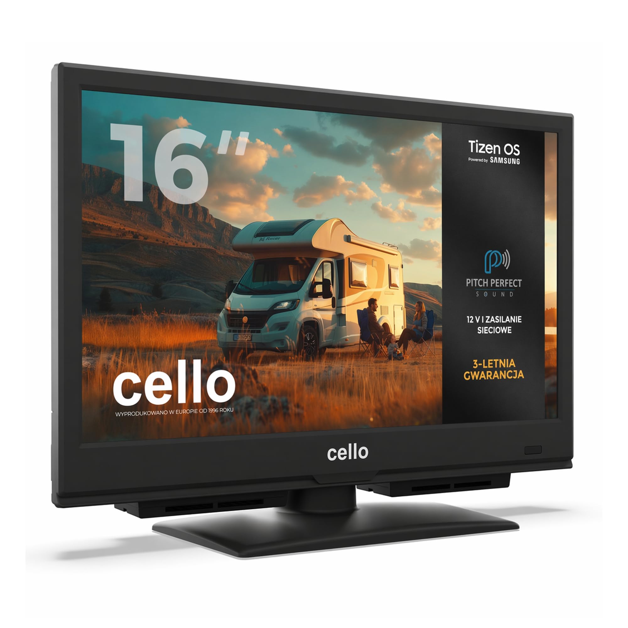Cello CTRAV-16TZ Traveller 16" 12 V Smart TV z Tizen OS, Cloud gaming,Bluetooth, Pitch Perfect", idealny do kamperów, samochodów ciężarowych i łodzi, potrójnych tunerów
