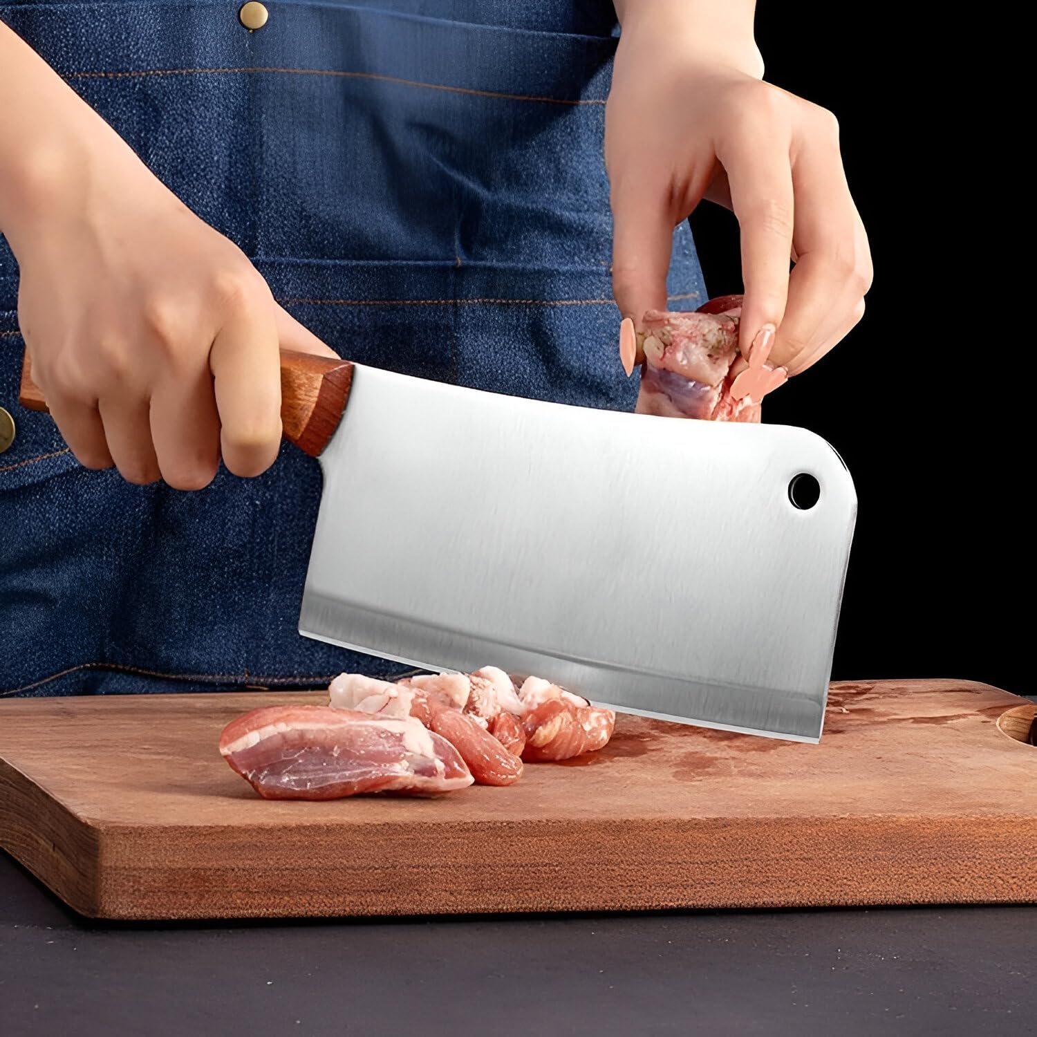Amillee Heavy Duty Meat Cleaver Knife - High Carbon Stainless Steel Bone Cutting Knife with Full Tang Wooden Handle, Multipurpose Butcher Knife for Meat, Vegetables, Fish, Home (Knife_H_Big_1) 3
