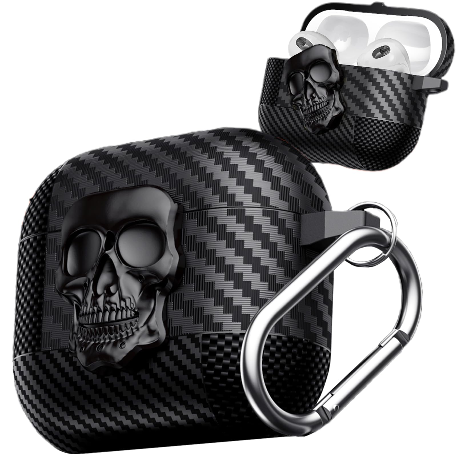 Ephoou for AirPods 4 Case (2024) with Skull Lock & Carabiner Keychain, Girls Boys Funny Cool 3D Skeleton Carbon Fiber Full Body Shockproof Hard Shell