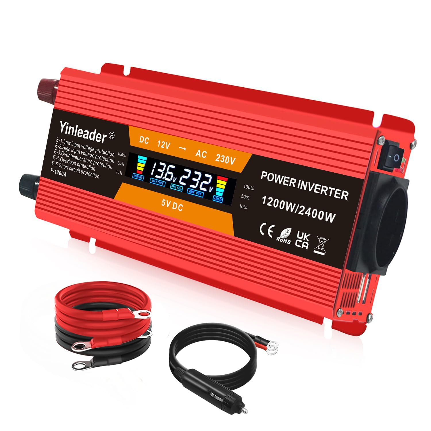 Yinleader Trasformatore di tensione 1200 W/2400 W 12 V 230 V inverter Dual USB Power Inverter con 1 presa e display LCD, per auto – rosso