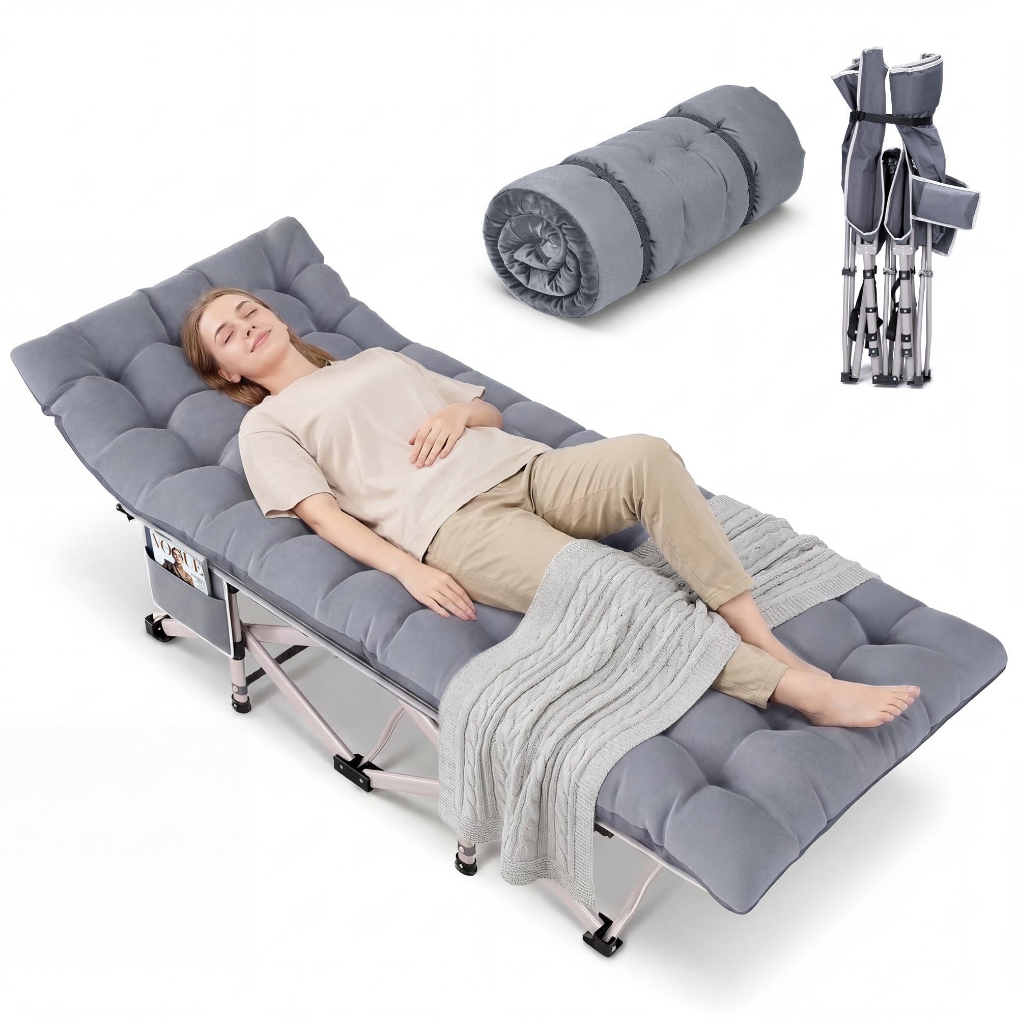 Fenbeli Folding Camping Cot for Adults with Removable Padded Cushion, Portable Heavy Duty Sleeping Cot with Head Tilt Design, Foldable Camp Bed with