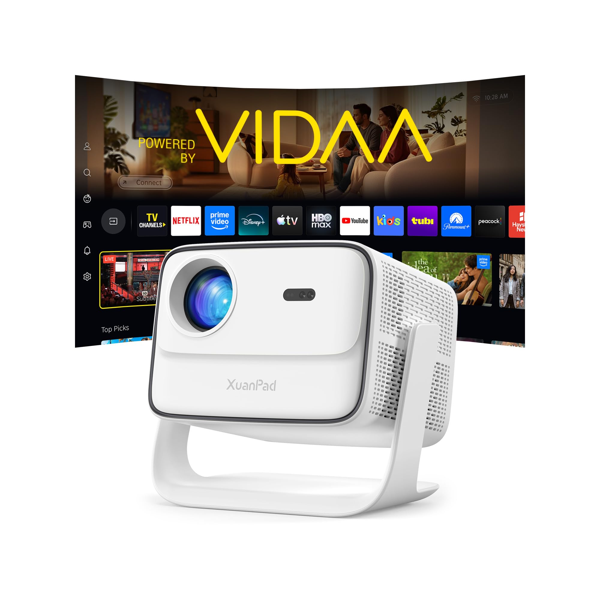 [VIDAA Live TV & 6000 ANSI & Now with Netflix] 4K Smart Projector with WiFi and Bluetooth, AI Voice Control, XuanPad White Portable Outdoor Movie Projector 4k, 42W Dolby Audio, Auto Focus & Keystone