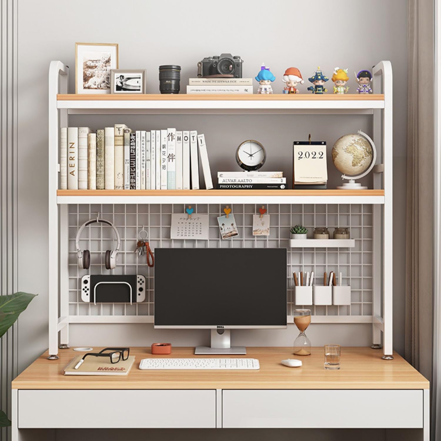 Organizer bianco a 3 ripiani per dormitorio con piastra in ferro e gancio, facile da montare, libreria e supporto da scrivania.