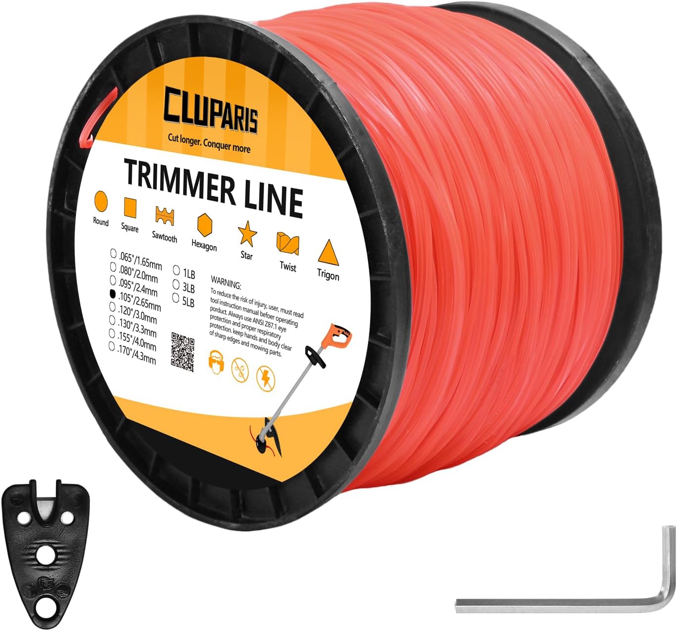 Cluparis .095" Star String Trimmer Line (3-Pound, 1017-ft) - Heavy Duty Commercial Grade Nylon Weed Eater String, High-Performance Star Shape for Clean Cut, Includes Bonus Line Cutter - Orange
