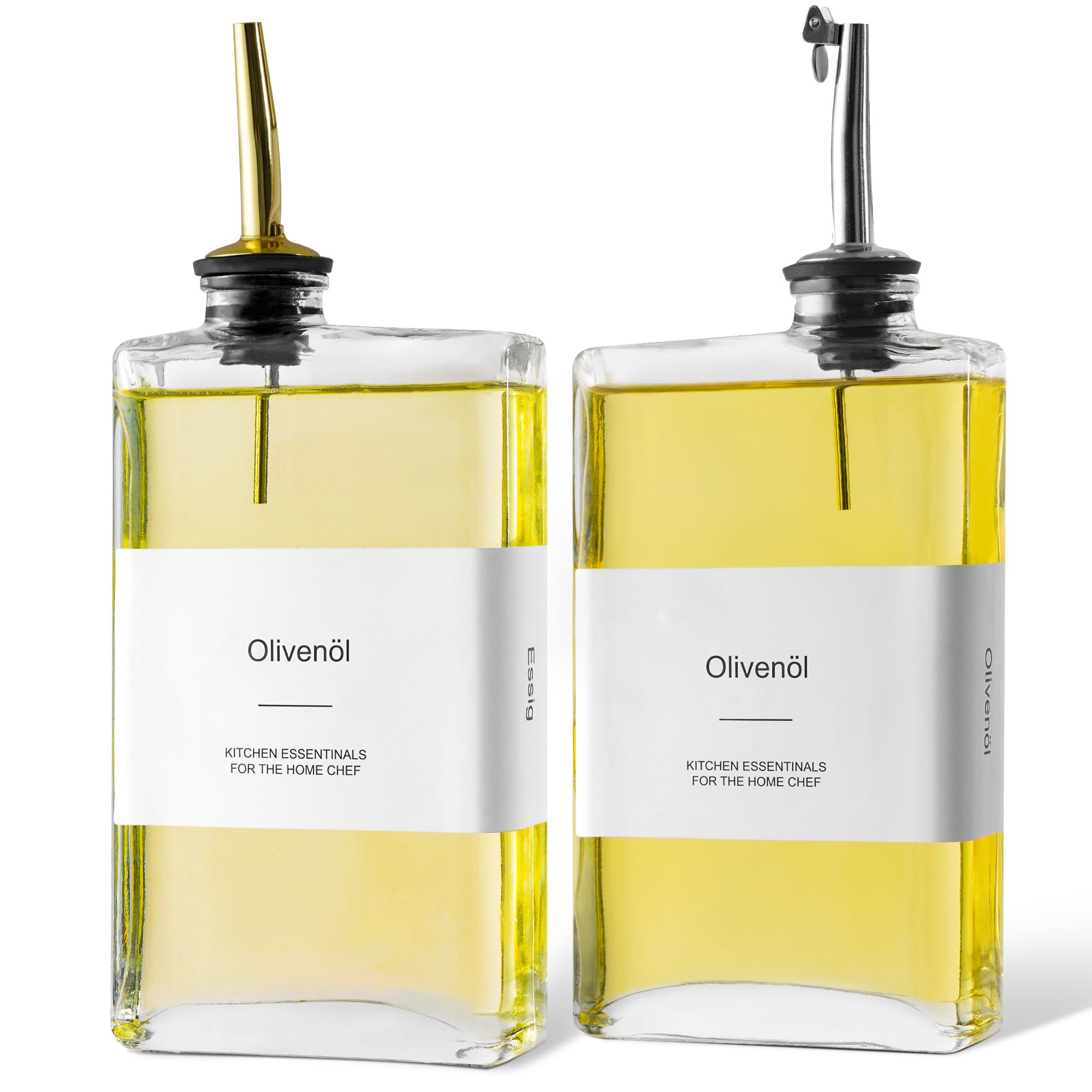 DUNSOO Ölflasche, 2 x 350 ml Essig und Ölspender, Olivenölflasche mit Trichter und Etikett, Unverzichtbare Küchendekorationen (350ML-Quadratisch)