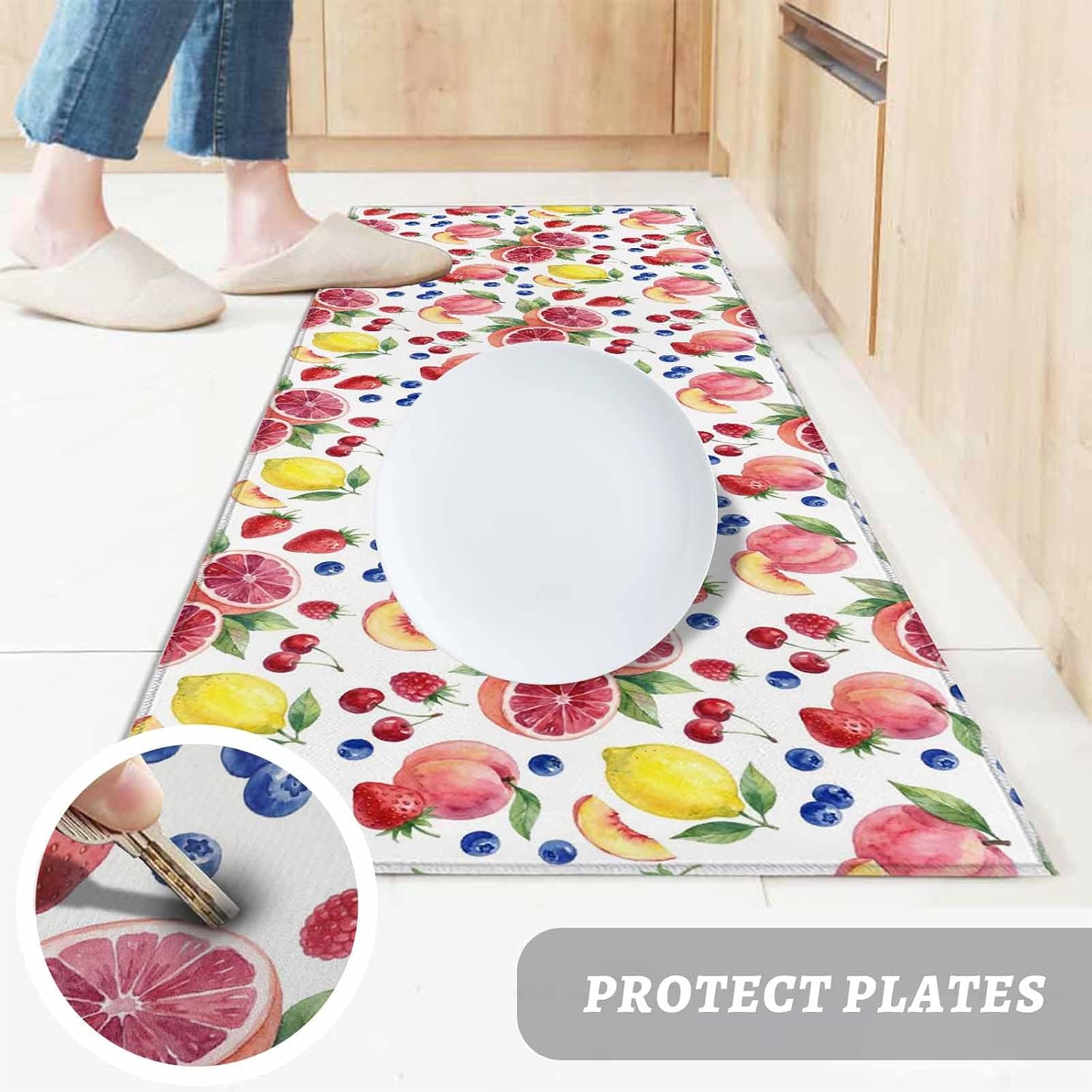 Kitchen Mats for Floor Watercolor Grapefruit Peach Lemon Washable Non Slip Kitchen Rugs 1PCS, Blueberry Strawberry Cherry Absorbent Standing Mats for Sink Bathroom Office Living Room 23.6x70.9in