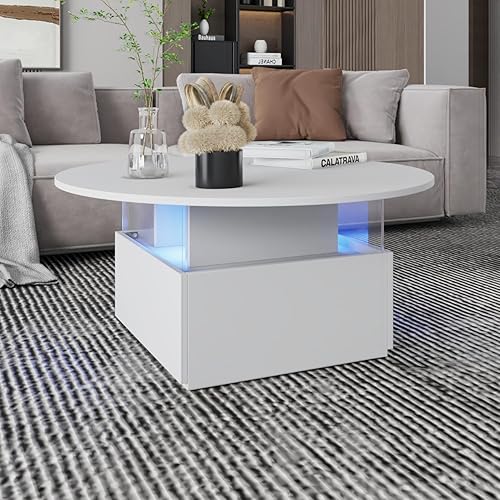 Miniatura 3 de Mesa de café redonda de 31.5" para sala de estar, mesa moderna de sala de estar con LED y almacenamiento, mesas de café cuadradas de acrílico con 2