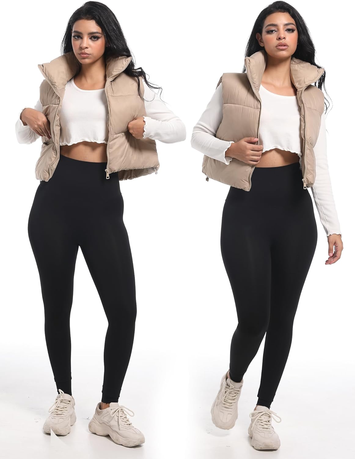 Buauty Cropped Winter Black Puffer Vest for Women 2024, Girls Mini Puffy Vest with Pockets, Crop Sleeveless Zip Up Stand Collar Bubble Vest, Short Cute Winter Clothes Jackets Warm Outerwear Trendy KHA - Image 6