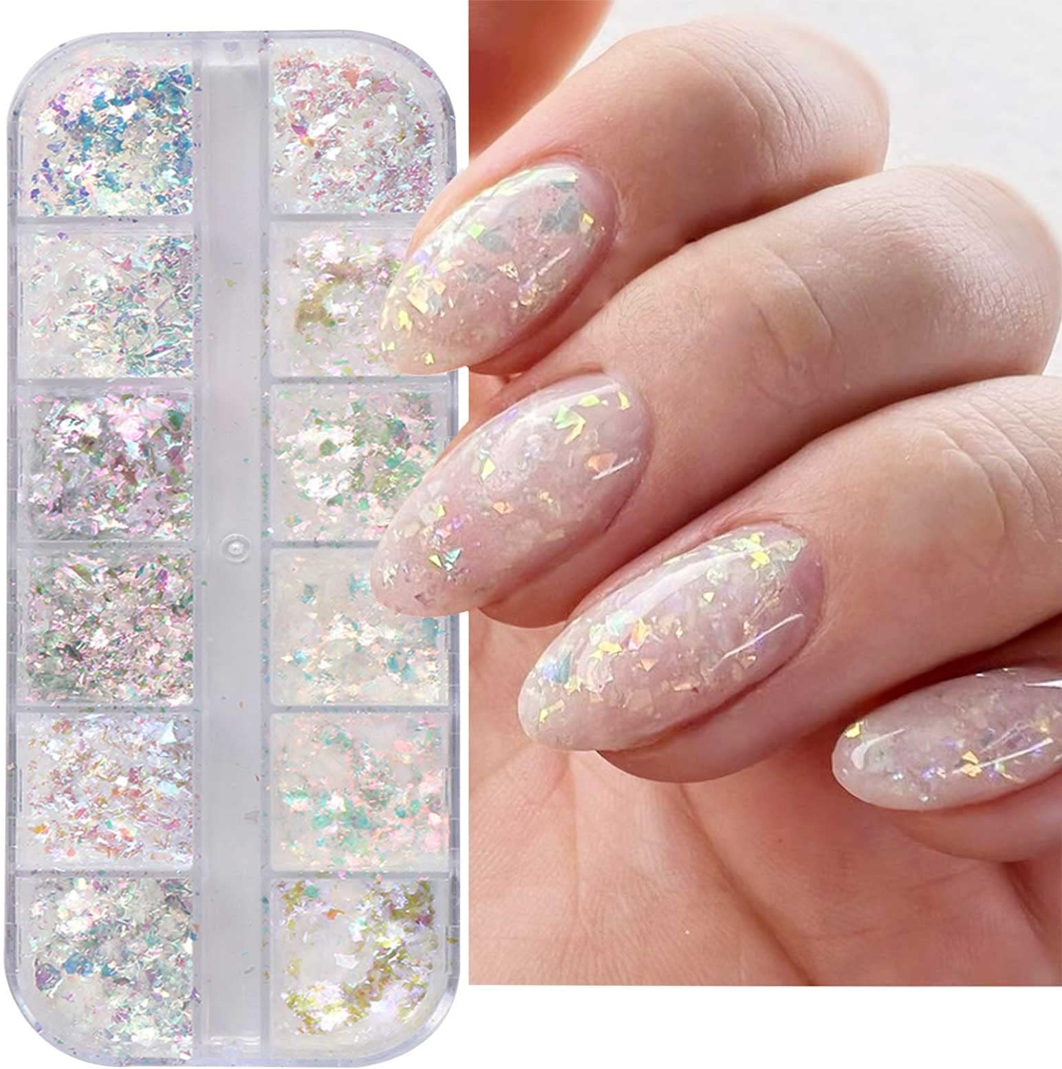 NALACALNail Art Glitter Iridescent Flakes, Nail Foil 12 Grids Mermaid Bright Colorful Star Gradient Ice Slag Nail Sequins Paillettes Summer Nail Art Decoration