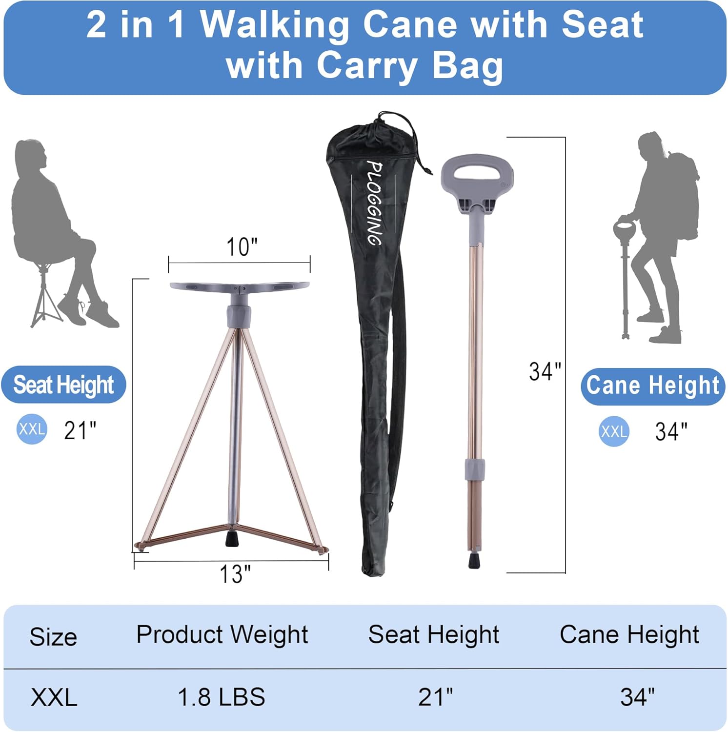 Walking Cane with Seat Folding Lightweight, Portable Cane Seat with Carry Bag, Walking Stick with Seat for Seniors & Adults, Foldable Adjustable Cane Chair for Travel Hiking