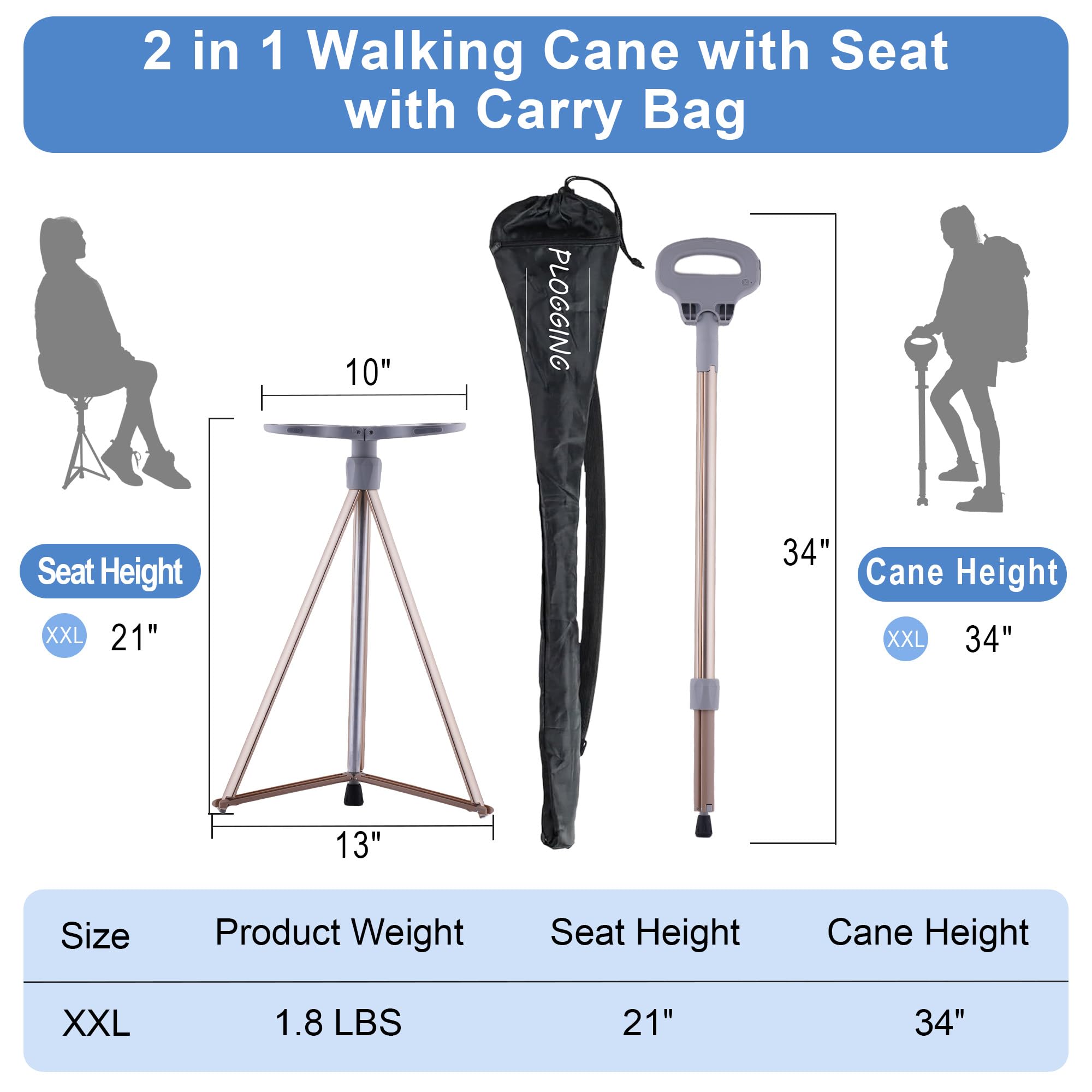 Chaise de Canne Portable Pliable, Canne de Marche légère avec siège, Canne de siège trépied Robuste pour Hommes et Femmes avec Sac de Voyage, Canne de Marche avec siège pour Personnes âgées, Adultes