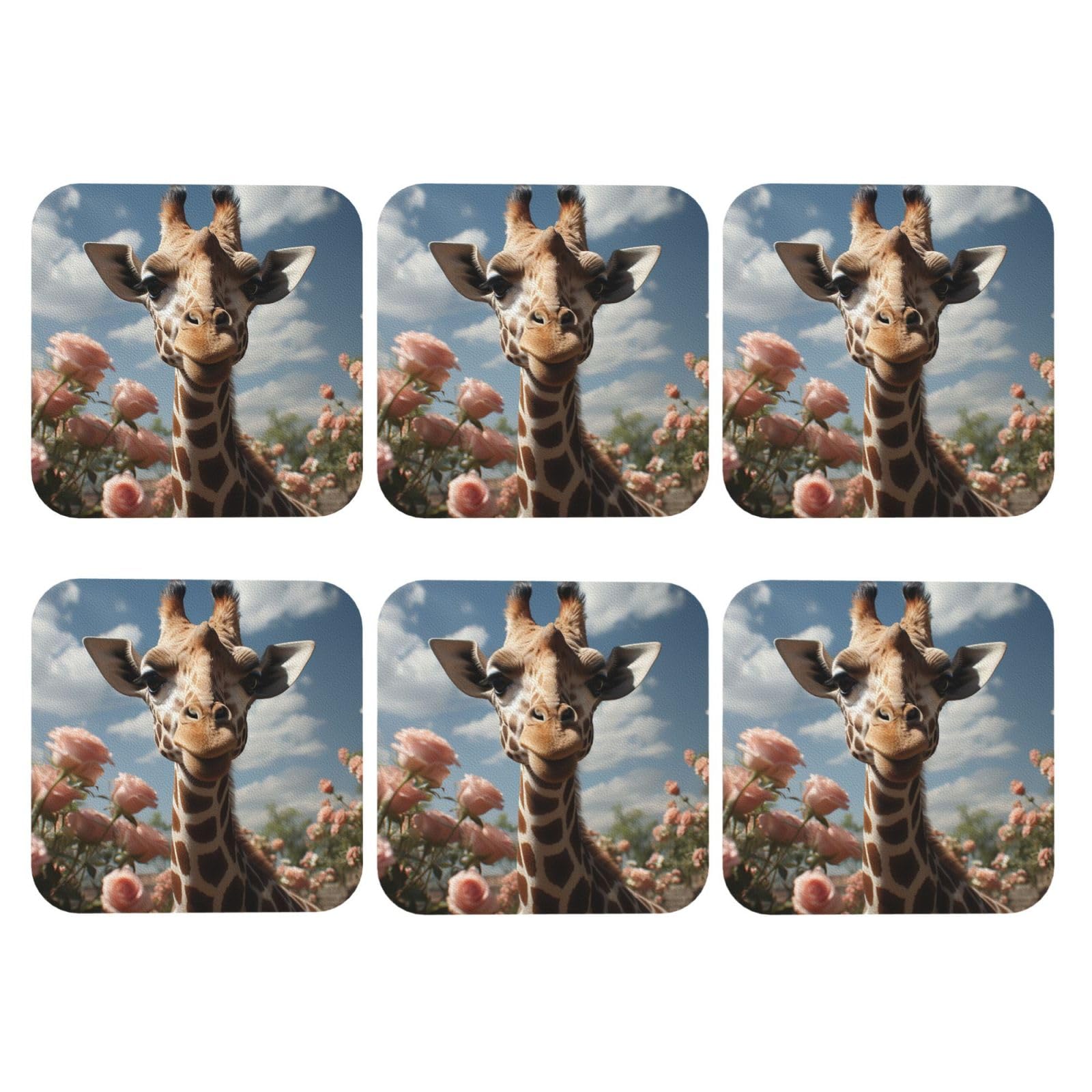 6pcs Leather Coasters for Drinks, Beautiful Giraffe Drink Coasters for Tabletop Protection, 4" Cup Coasters for Coffee Table Decor, Non-Slip Drinking Cup Mat for Hot Or Cold Drink