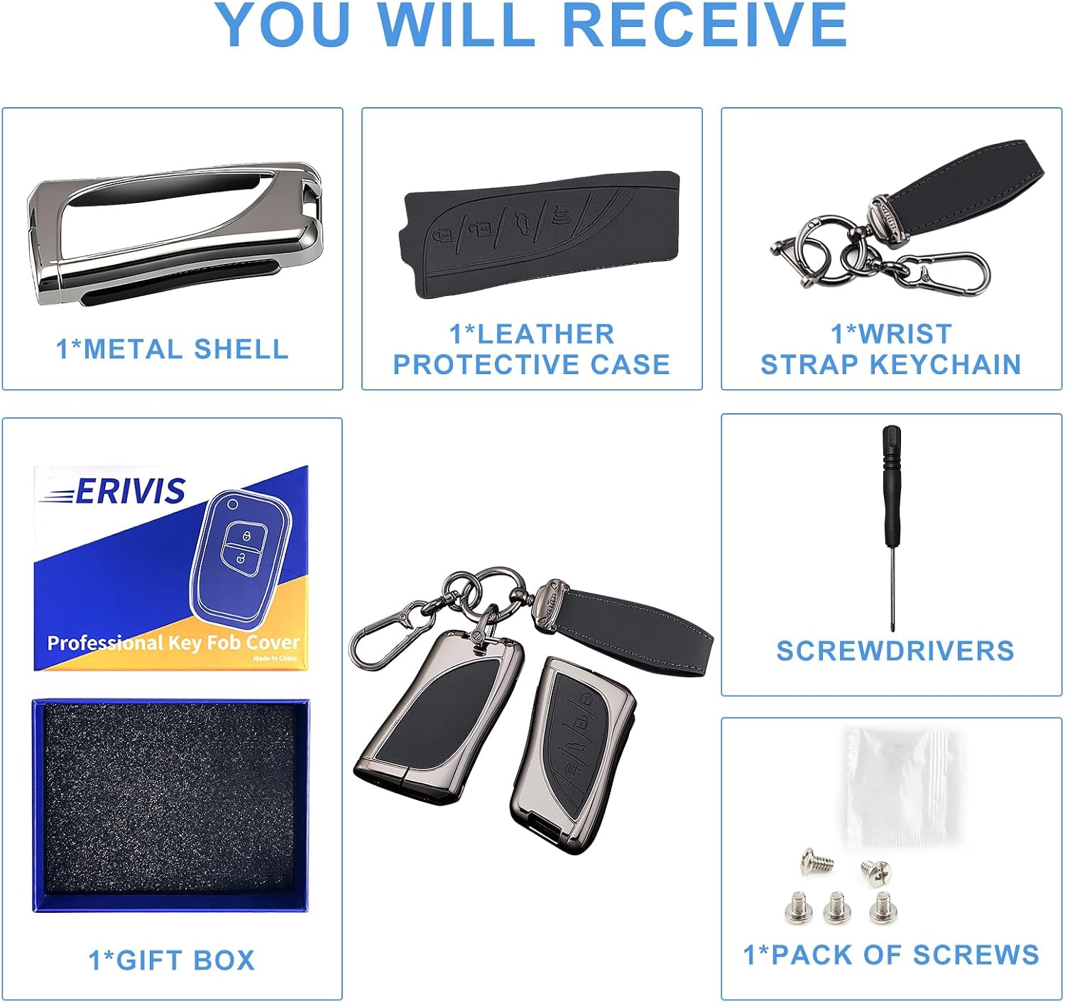 Metal & Leather Key Fob Cover with Keychain for Lexus RX NX TX ES 300 300h 350 GX 460 550 IS 250 LX UX LC LS 2024 2025 2026 Accessories, Full Protection Key Fob Shell Case, 4 Buttons (Black)