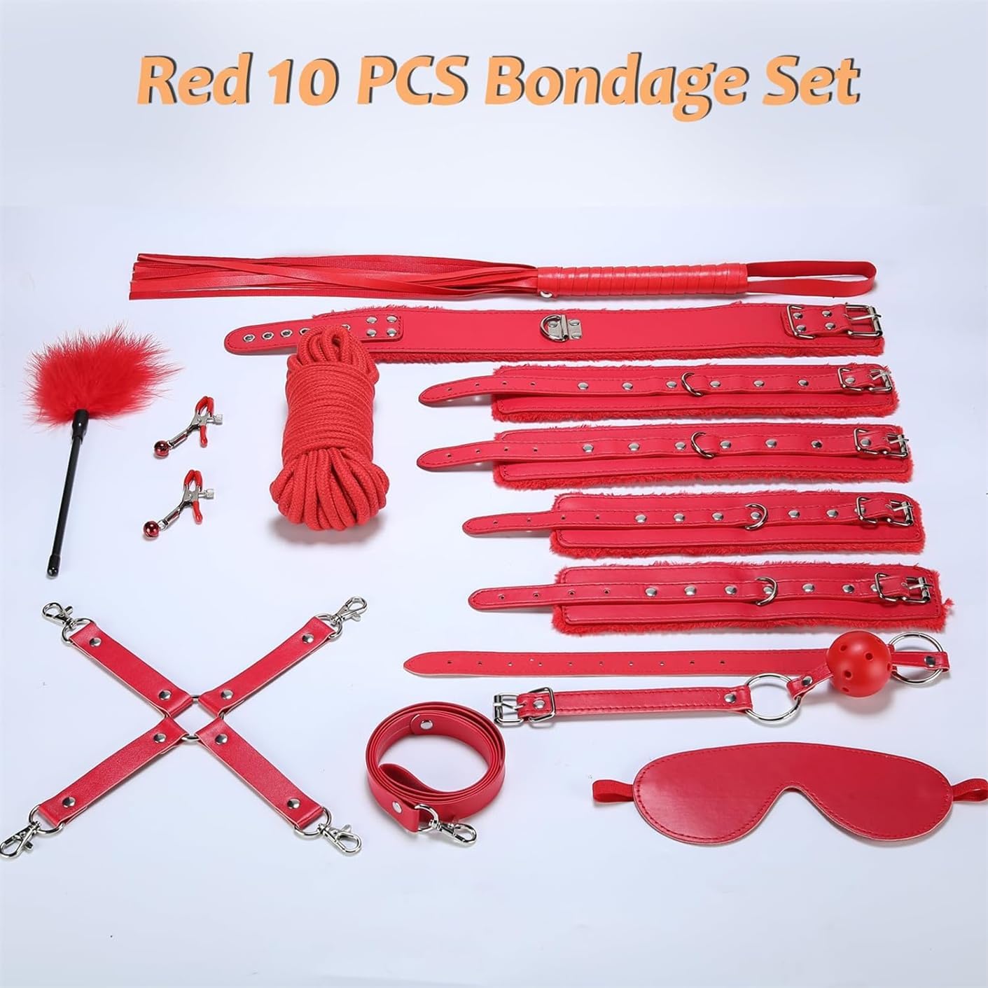 BDSM Sex Bed Bondage Restraints Kit Toys Rope Cuffs s&m Gear Couples Sexy Gifts Set Fuzzy Handcuffs Plush Leather Yoga Aid Set 10 Pieces Red, Comfortable Exercise Accessories-H