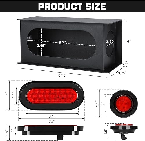 Miniatura 5 de WoneNice Juego de 2 cajas de luz de acero para remolque, luces traseras ovaladas rojas de 6 pulgadas, luces de marcador laterales redondas de 2