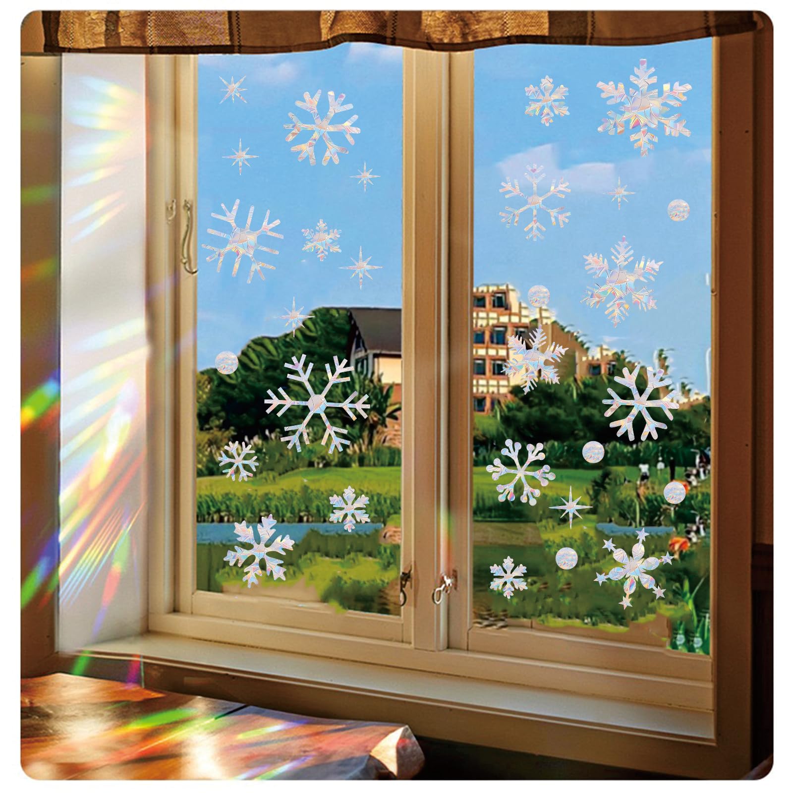 60 Stück Weihnachts-Schneeflocken-Fensteraufkleber verhindern, dass Vögel auf Fenster schlagen, Regenbogen-Sonnenfänger-Aufkleber, kein Kleber erforderlich, nicht klebende, wiederverwendbare
