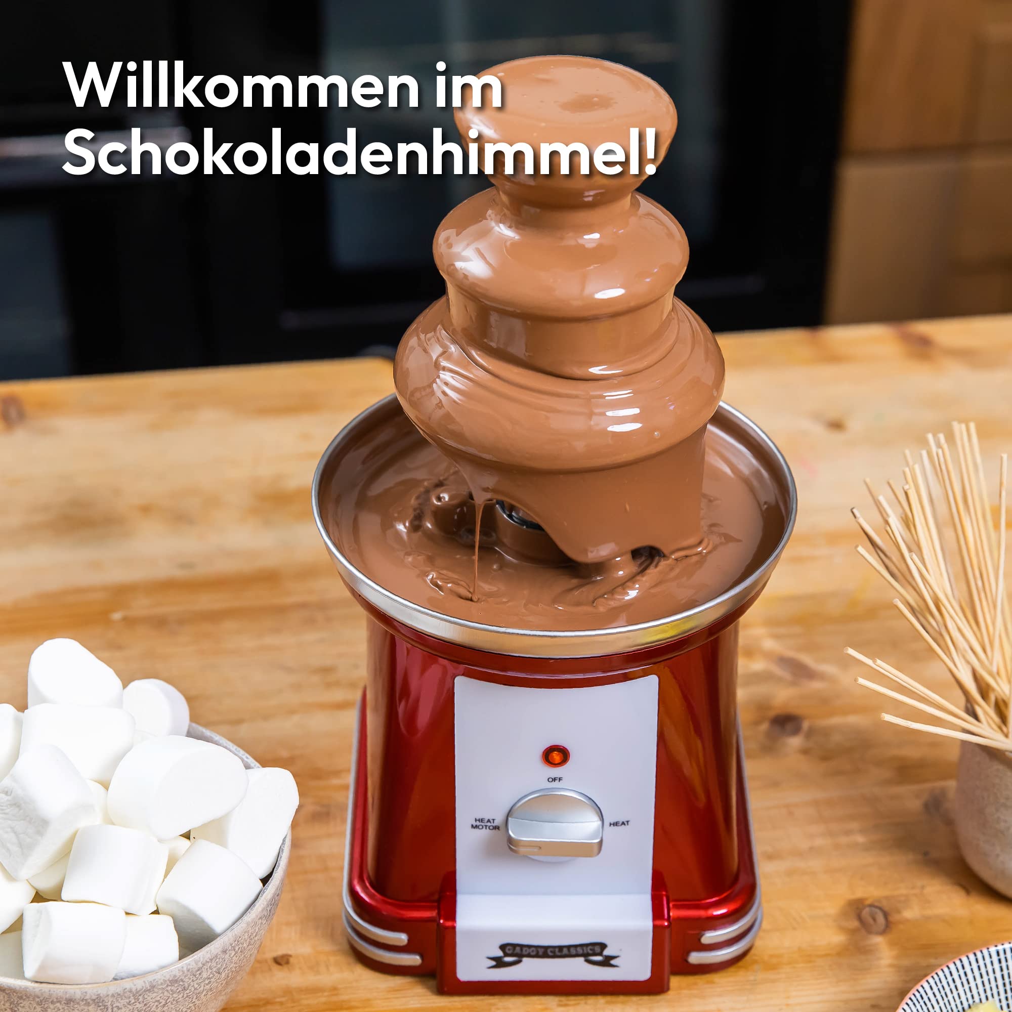 Gadgy Schokobrunnen 3-stufig - Schoko Brunnen aus Edelstahl - Schokoladenbrunnen Retro-Look - Schokoladen Fondue 90 Watt - Schokofondue mit Schmelzfunktion - Schokoladenfondue Chocolate Fountain Rot