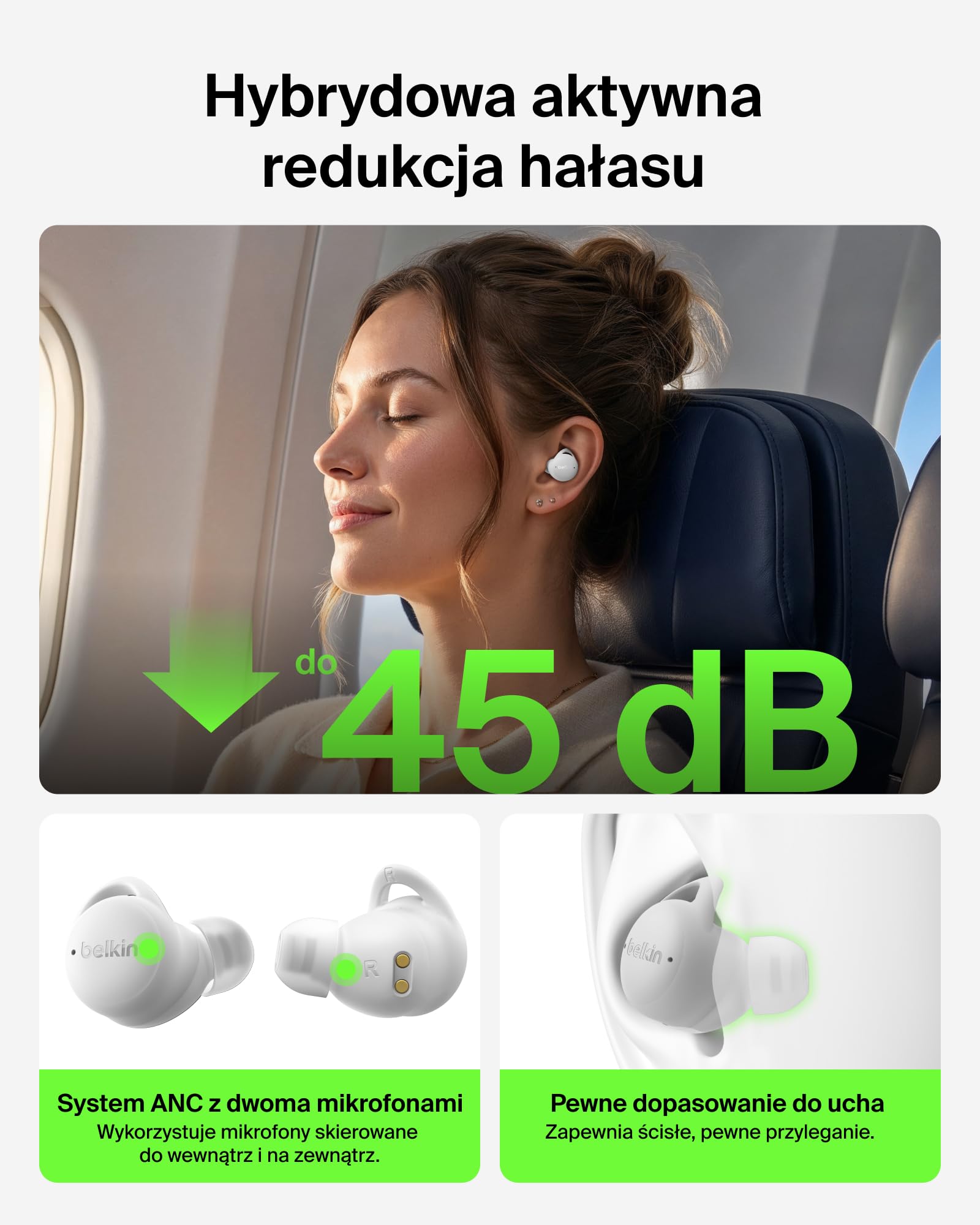 Belkin SoundForm Isolate Słuchawki Bezprzewodowe z ANC, Szare
