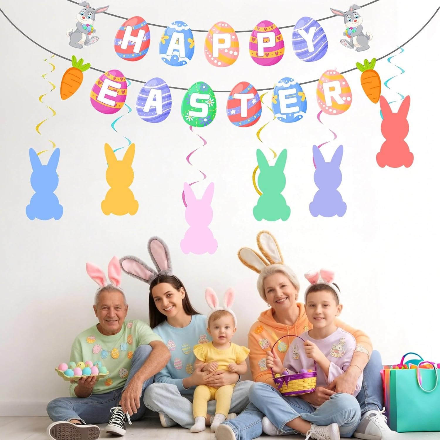 8PCS Easter Decorations Set, Includes Happy Easter Banner, Hanging Swirls for Birthday, Home, Classroom, Office and Yard Party Decorations