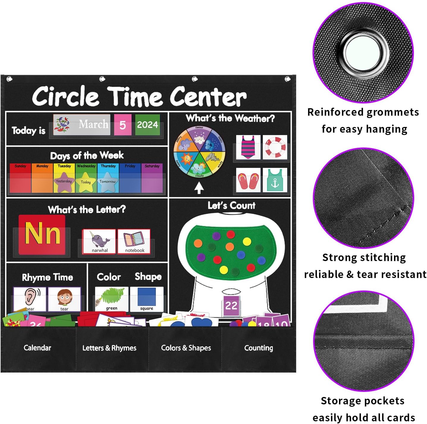Circle Time Learning Center Classroom Pocket Chart Preschool, Educational Pocket Chart Teaching Materials, Learning Calendar Weather Counting Letter Color, Circle Time Learning Center Black