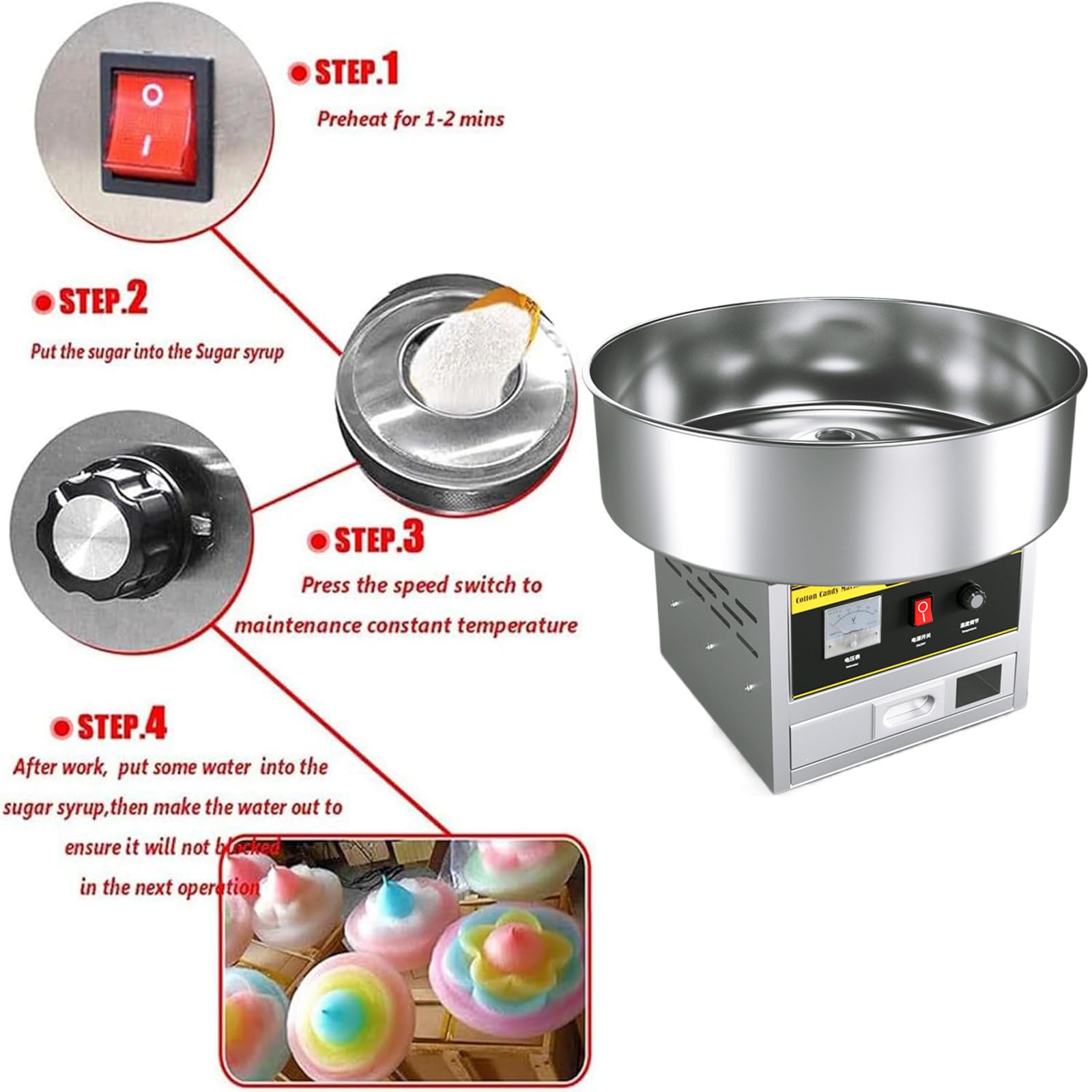 Macchina Elettrica per Zucchero Filato,Macchina per Zucchero Filato Commerciale da 1200W con Ciotola in Acciaio Inossidabile,Cucchiaio per Zucchero e Cassetto,per Casa,Carnevale,Compleanno