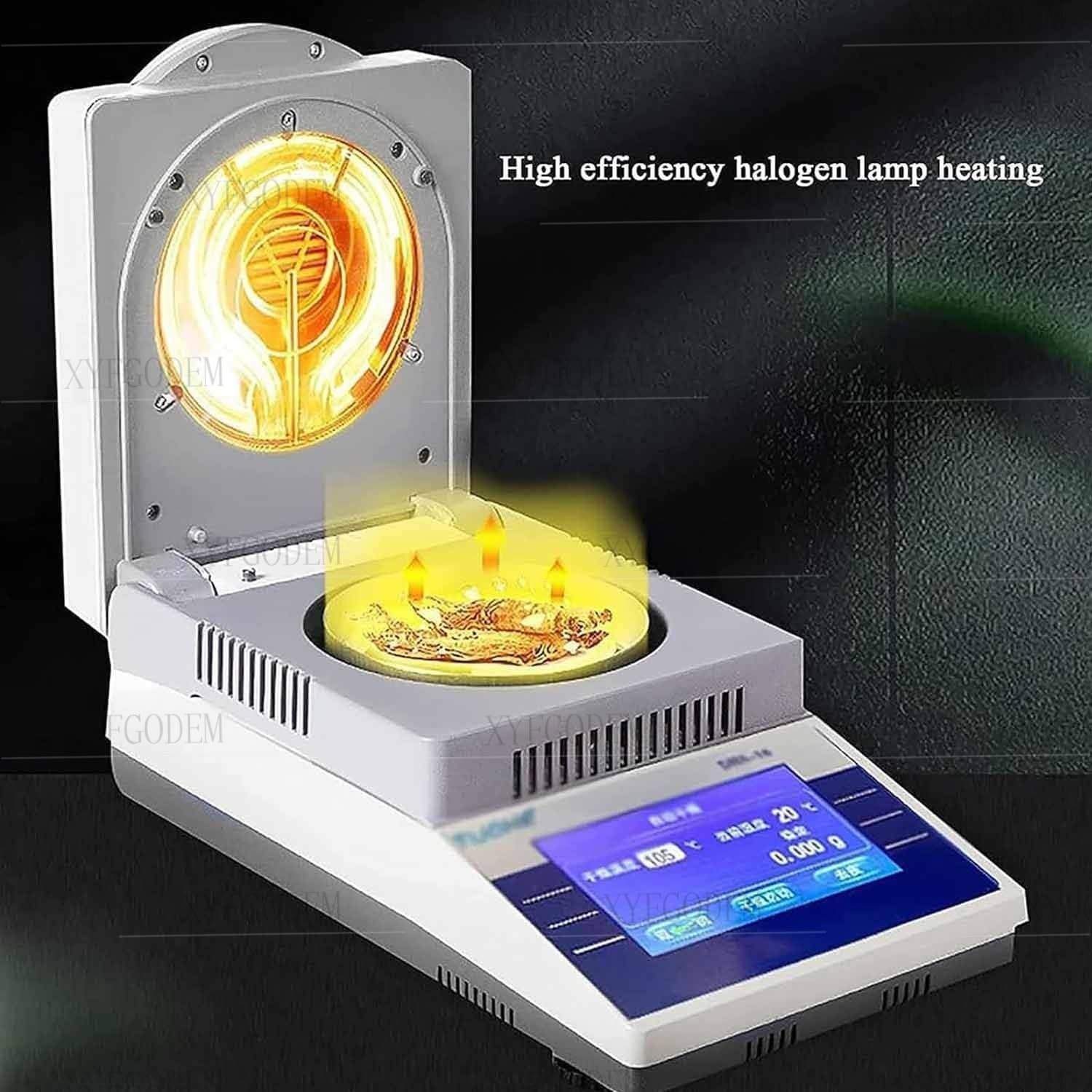 Analizador de Humedad Halógeno Laboratorio, Medidor Electrónico Precisión con Pantalla LCD Táctil 5 Pulgadas, Balanza Secado por Lámpara Halógena para Agricultura