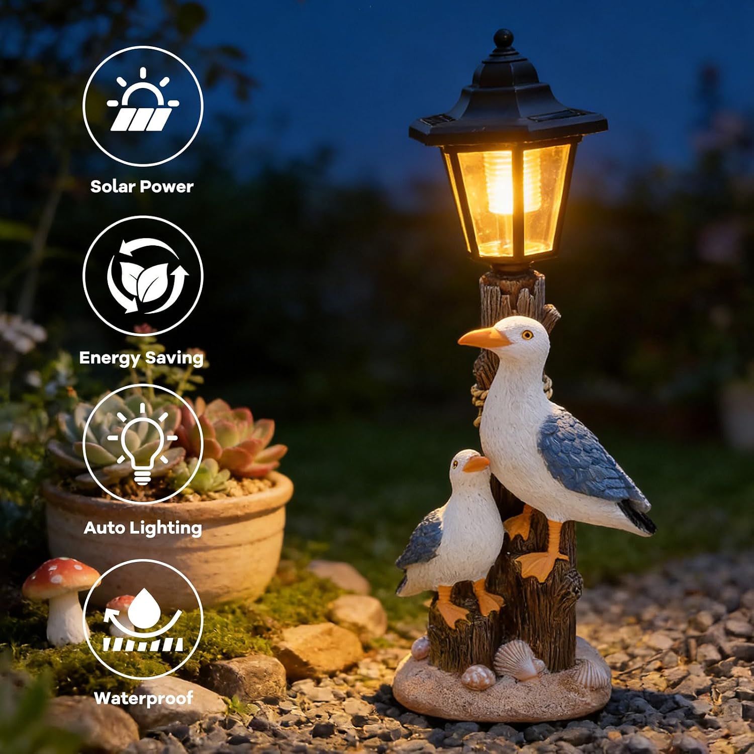Garden Statue Outdoor, Solar Seabird Statues with Lantern, Resin Figurine Lights Outdoor Waterproof, Outside Decor Sculpture for Patio Yard Lawn Walkway, Ideal Gifts for Mom Grandma Women (Seabird-A)