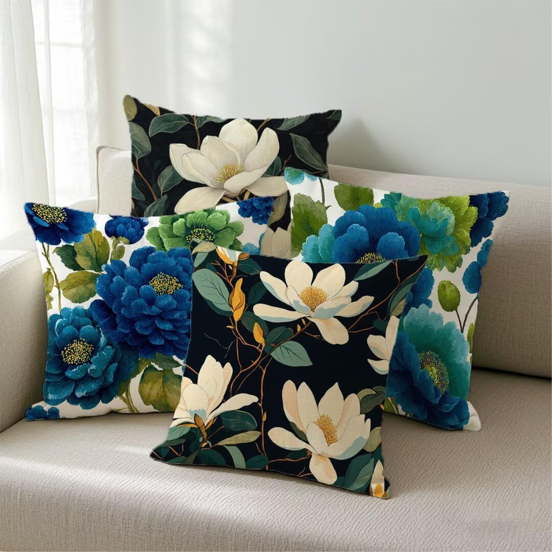 Federe Cuscini per Esterno 40 x 40 cm, Fiore Copricuscini Divano Decorativi Set di 4 Bianco Copricuscino Impermeabili Lino Quadrate Fodere Cuscini Decorativi per Giardino Picnic Soggiorno Sedie Ym224