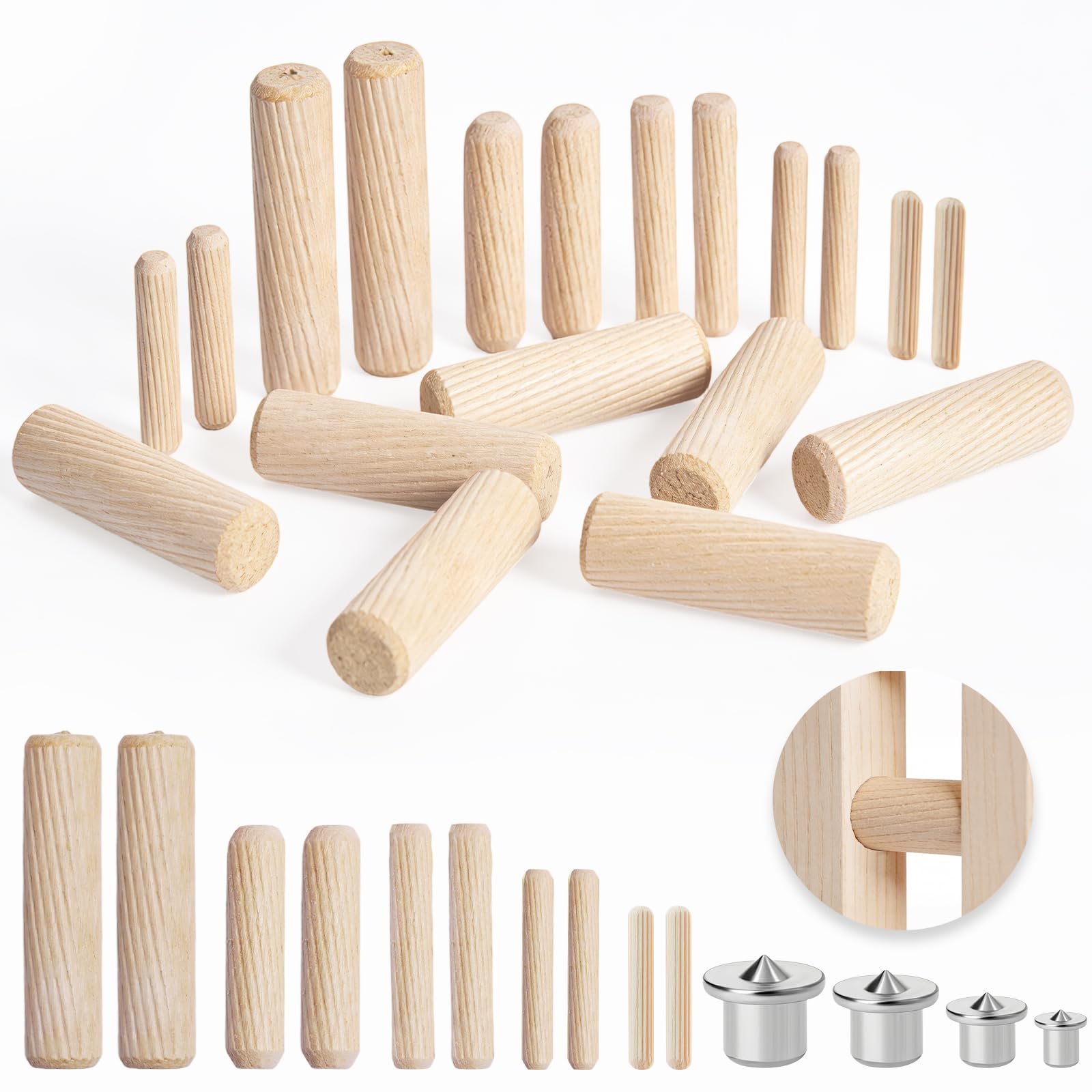 VEPEPE 600 Pcs Wooden Dowels Assorte, Beechwood Dowels with 4 Dowel Centre Point, Grooved Fluted for Craft Furniture Carpentry, Grooved Fluted Craft, DIY, Carpentry 4mm/6mm/8mm/10mm/12mm