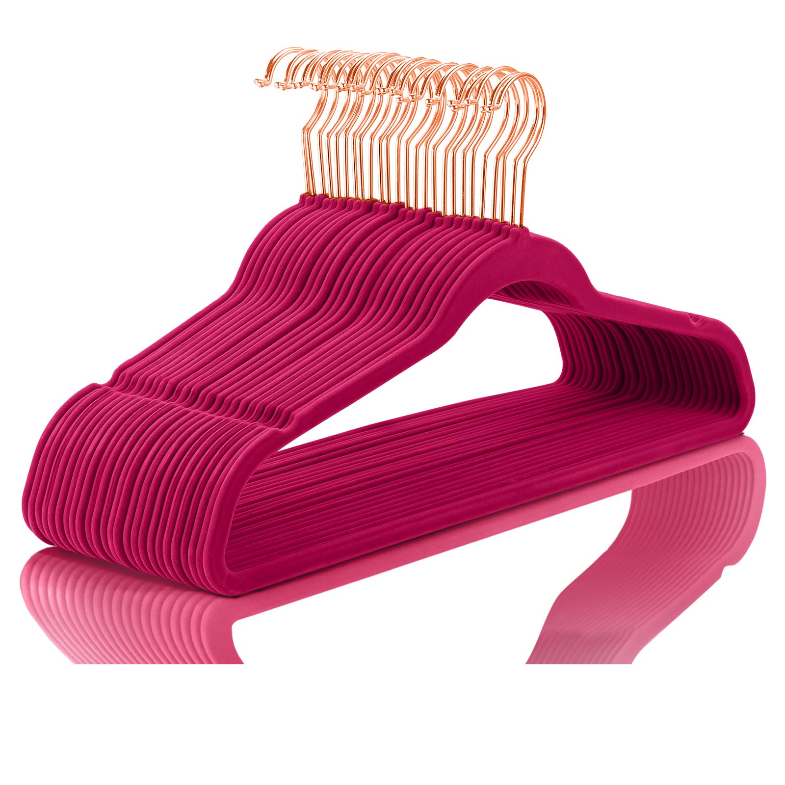 MIZGI Premium Velvet Hangers (60 Pack) Heavy Duty - Non Slip Felt Hangers - Magenta Red - Rose Gold Hooks,Space Saving Clothes Hangers,Durable Strong Hangers for Suits,Coats