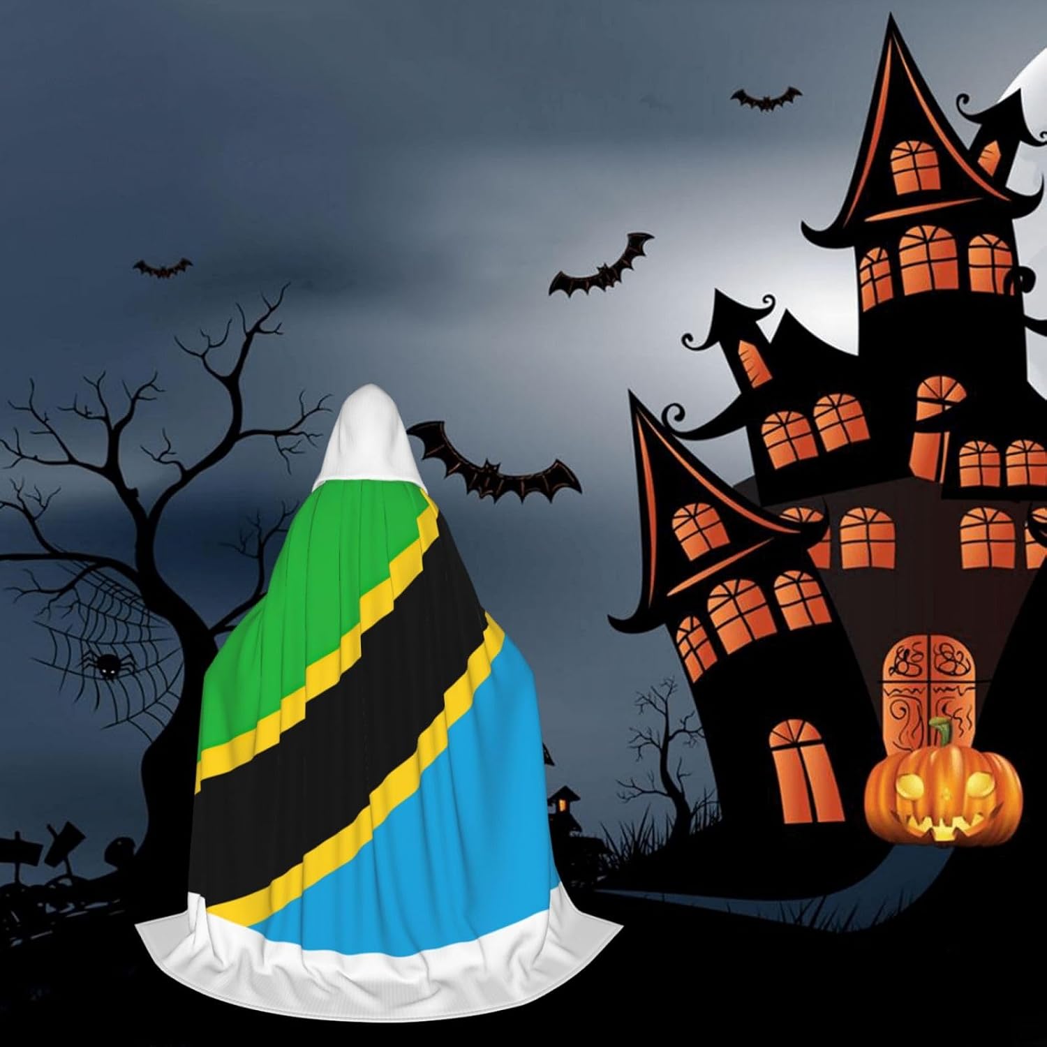 Tanzania Flag print Wizard Hooded Robe Medieval Cape Renaissance Cloak for Men Women Halloween Costume