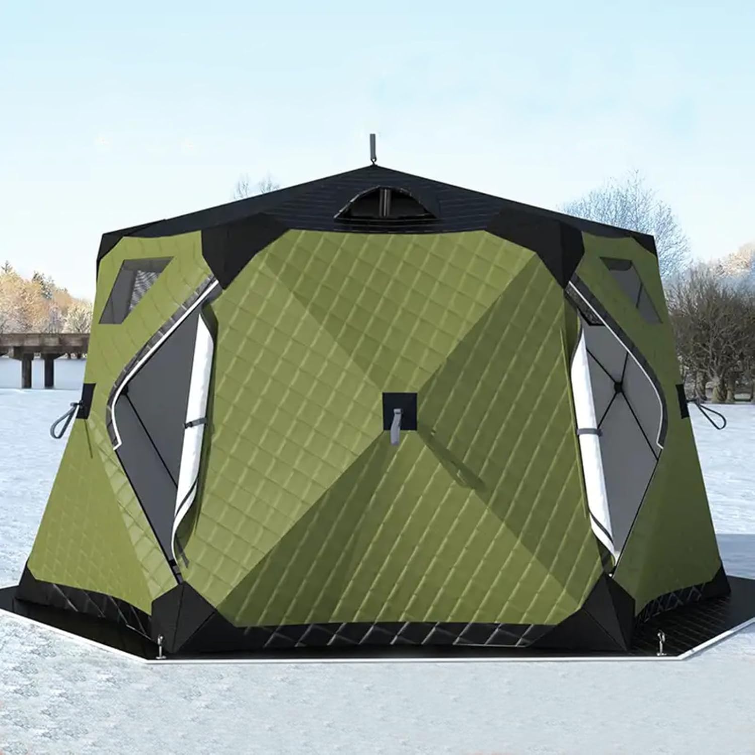 Hexagon Ice Fishing Shelter, Ice Fishing Tent Insulated with Floor Mat, 4 Sided Insulated Ice Fishing Shelter for 6-10 Person, for Hiking Green