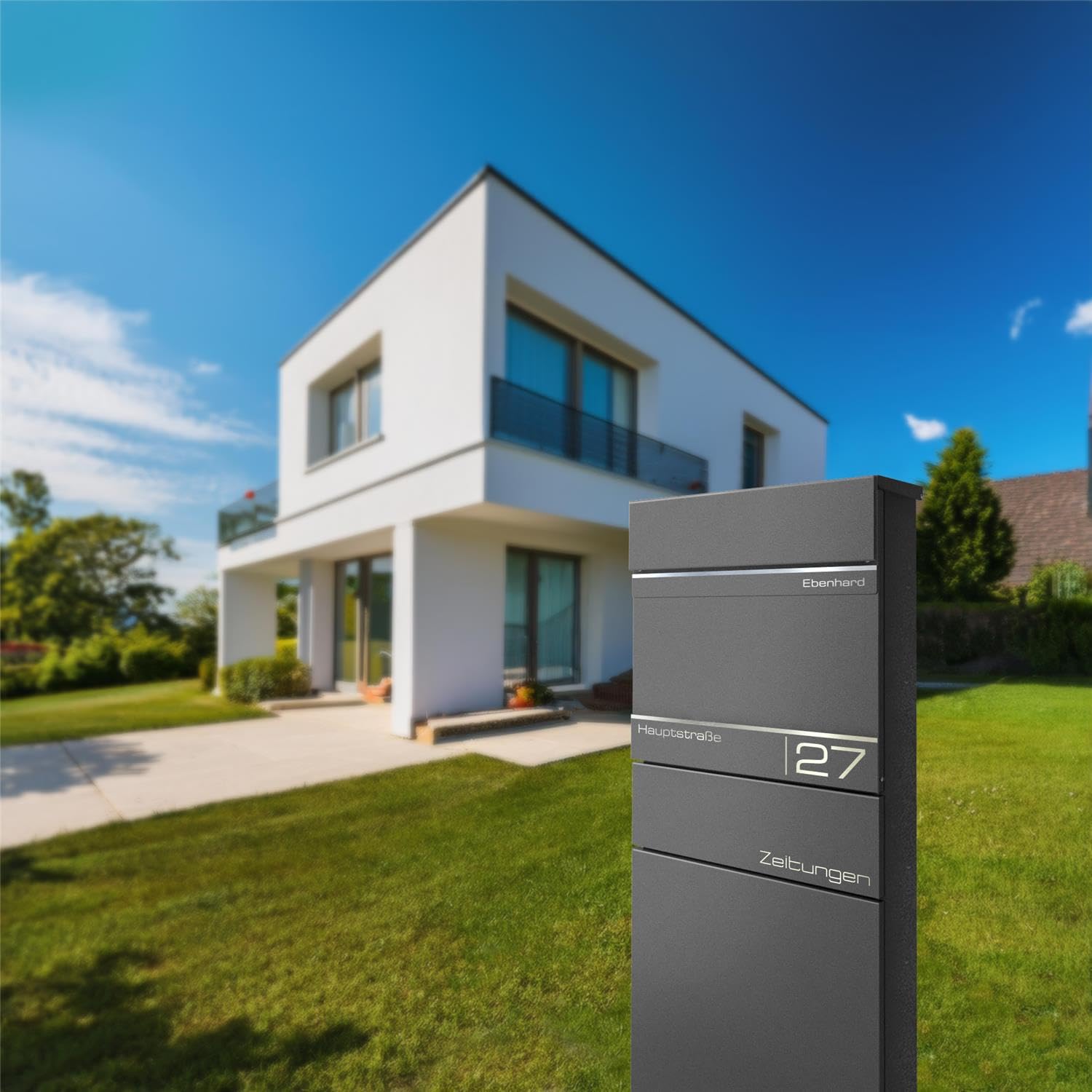 Metzler Standbriefkasten mit Zeitungsfach | Hochwertiger Stahl, Pulverbeschichtung in DB 703 Eisenglimmer | Individuelle Lasergravur, Absenkautomatik, inkl. Montagematerial & 2 Schlüssel | Alves 2