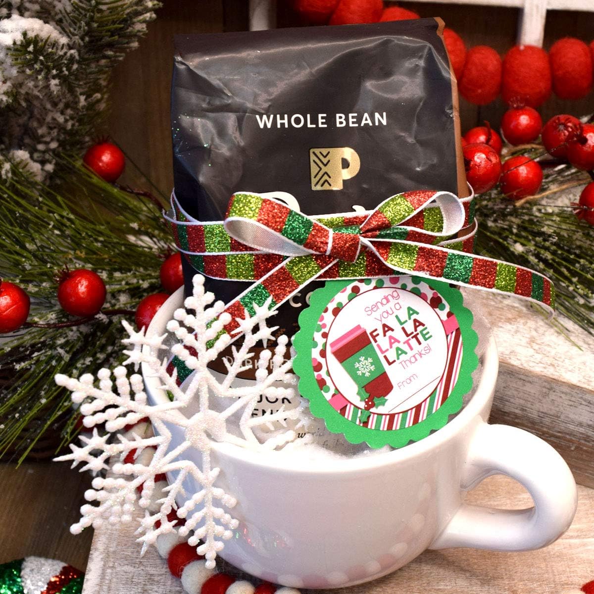 FA La La La Latte Christmas Coffee Holiday Thank You Sticker Labels for Girls, 40 2" Party Circle Stickers by AmandaCreation, Great for Party Favors, Envelope Seals & Goodie Bags