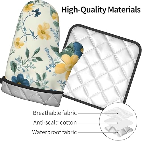 Miniatura 3 de Guantes de horno y soportes para ollas resistentes al calor con patrón floral de flores azules, juego de 2 piezas, tela de poliéster impermeable