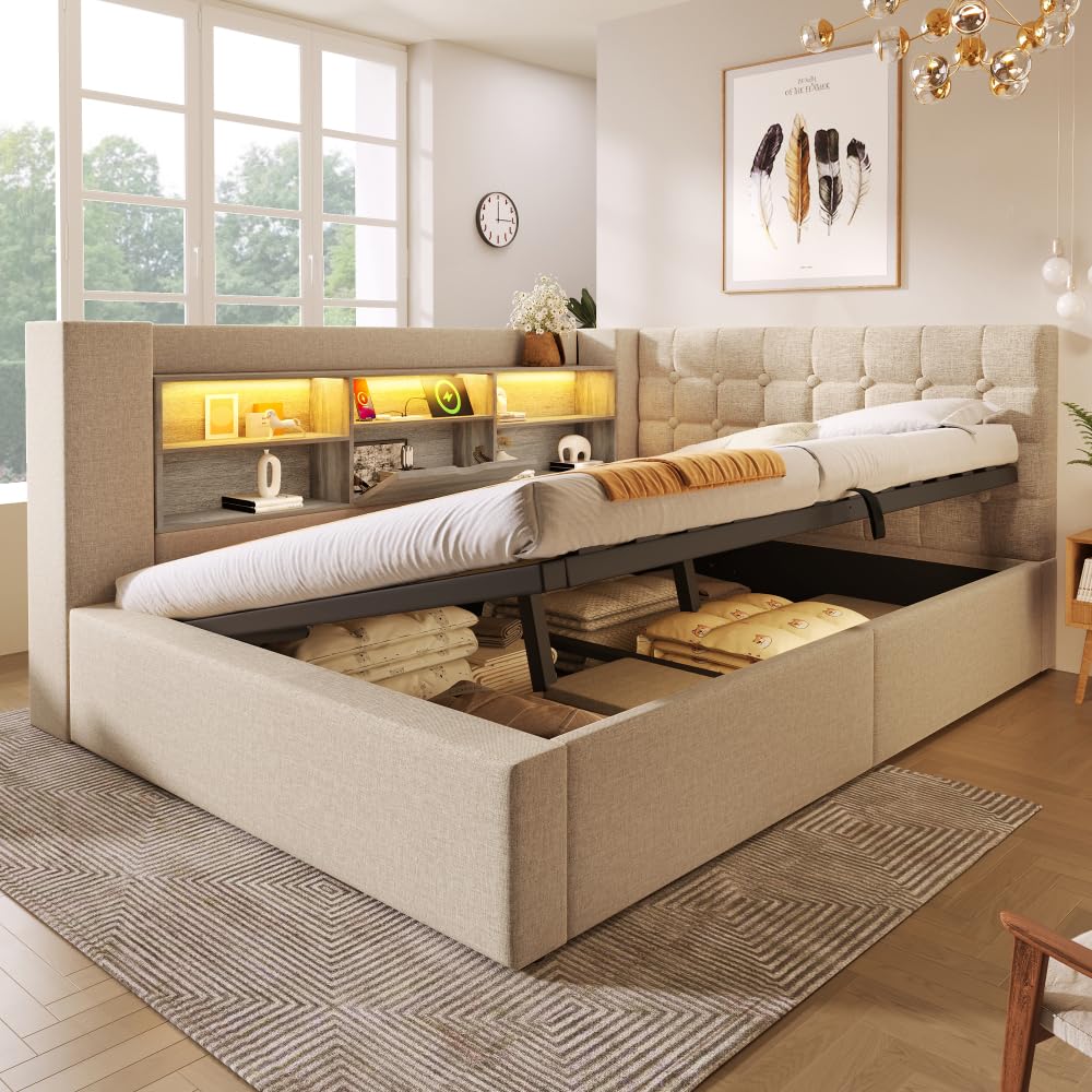 Lit simple rembourré en lin 140x190 avec éclairage LED,lit coffre hydraulique avec rangement,tête de lit en L avec rangement,montable des deux côtés,sommier à lattes (sans matelas) (Beige,140x190)