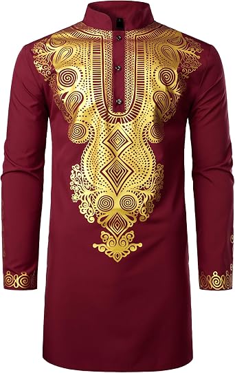 ZEROYAA Mens Traditional African Long Sleeve Dashiki Shiny Pattern Printed Dazzling Shirt