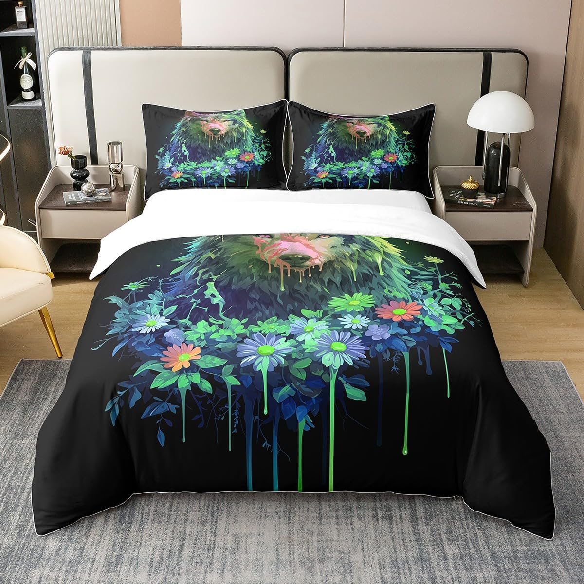 Erosebridal Wolf 100% Cotton Comforter Cover King,Navy Daisy Flower Bedding Set,Hippie Tie Dye Style Duvet Cover Bedroom Decor,Safair Wild Animal Bed Set for Kids Boys Girls,2 Pillowcases