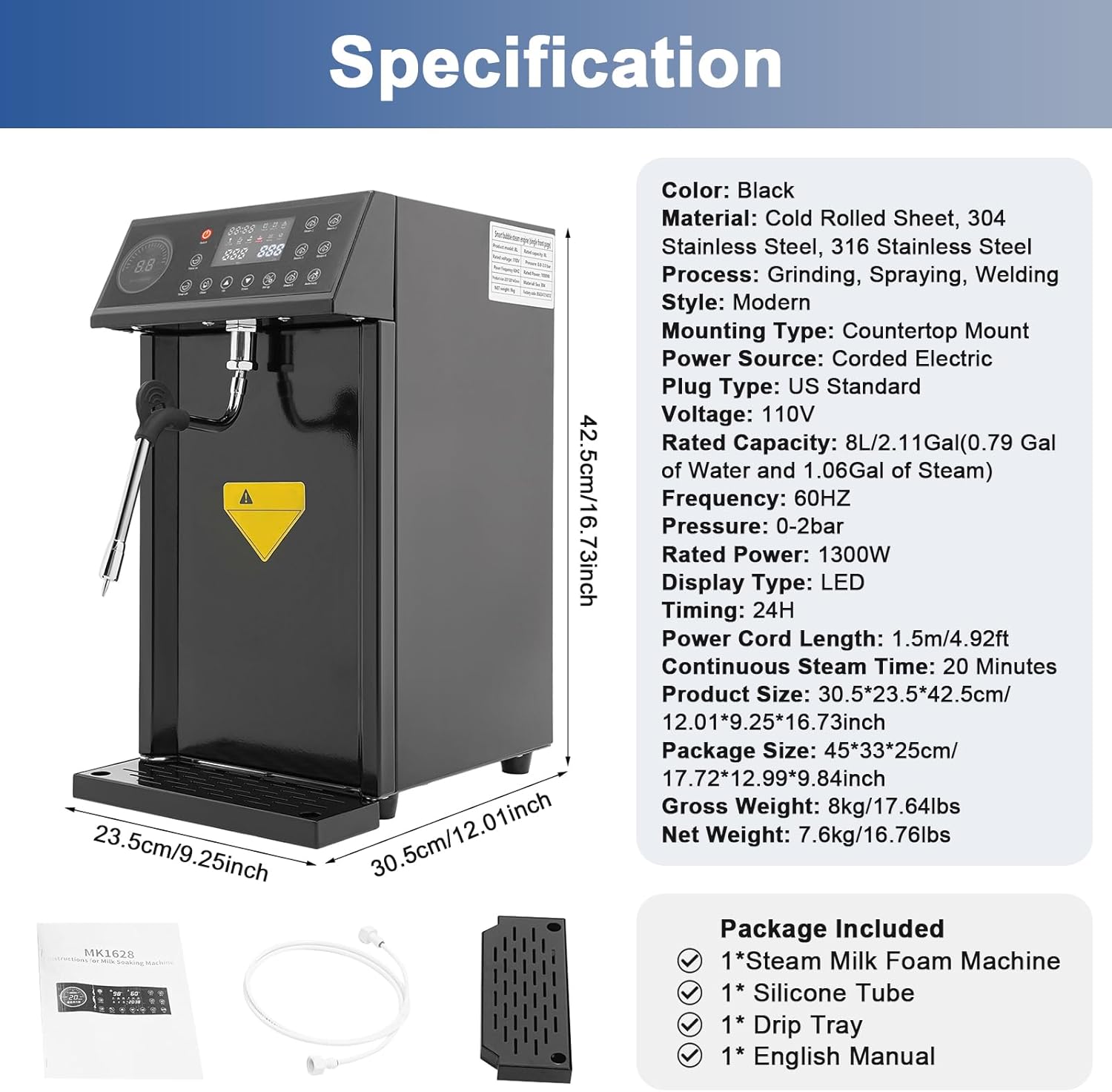 Commercial Milk Frother, 1.3KW 8L Multi-Purpose Full-Automatic Steam Boiling Water Frothing Machine Steam Milk Frothing Machine with 24H Timing Function for Tea Coffee Dessert Milk 2Bar (Black)