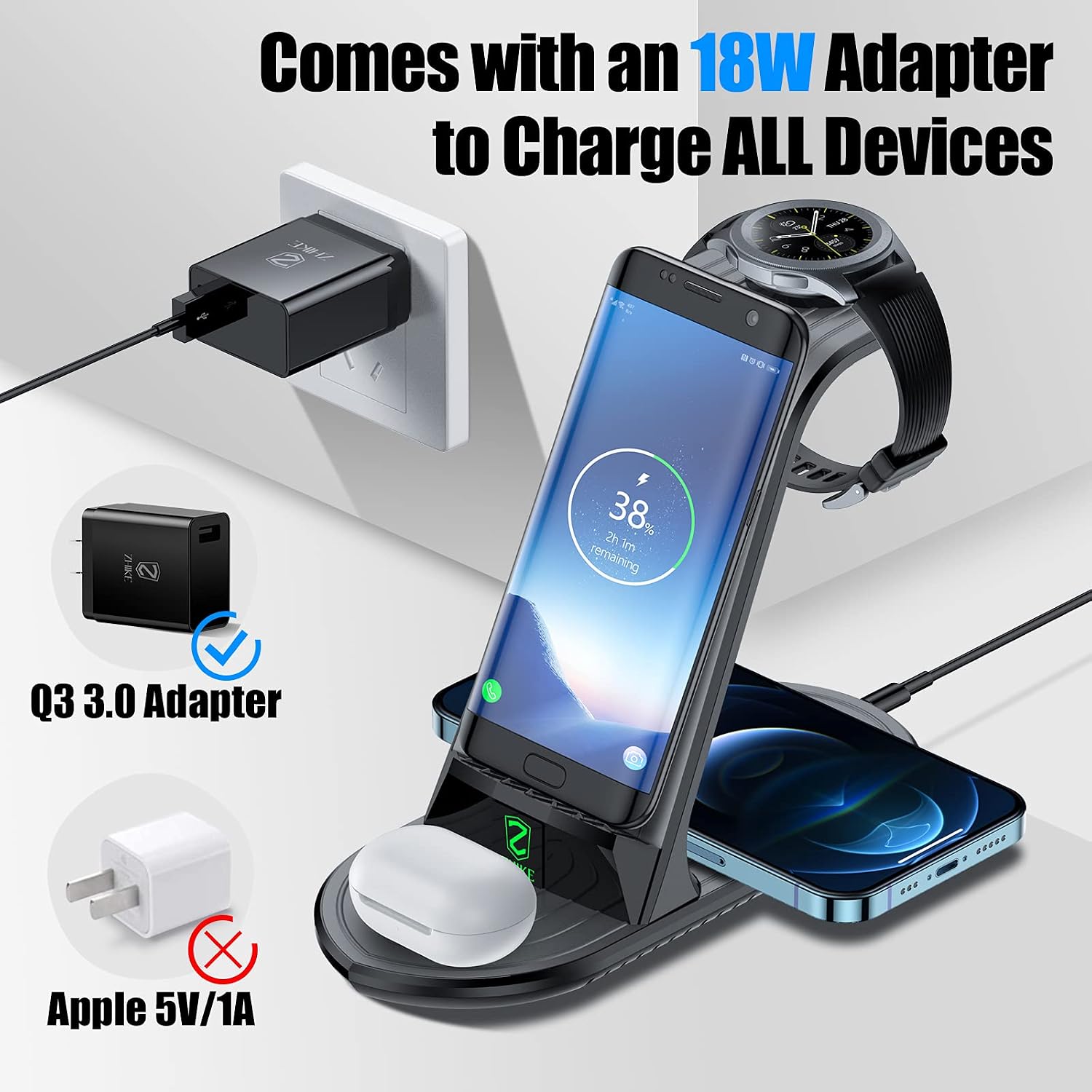ZHIKE Wireless Charger,4 in 1 Wireless Charging Station Compatible with Samsung S20/S21/S10/Note 20/iPhone 12,Fast Charger Stand Dock for Galaxy Watch 46mm/42mm/Active 2/Gear S3 and Buds(with Adapter)