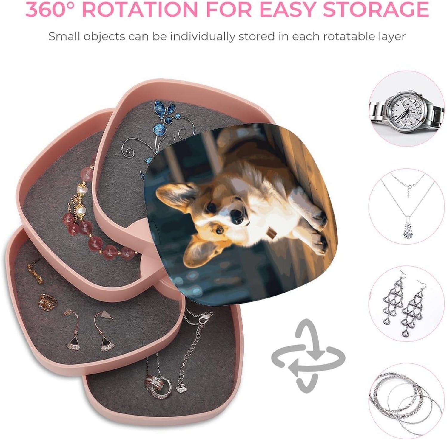Smart Corgi Jewelry Organizer Large Capacity with Mirror，Jewelry Box Four-story Design， Rotating Jewelry Box for Ring Earring Necklaces Bracelets Makeup Hair Accessories. image 4