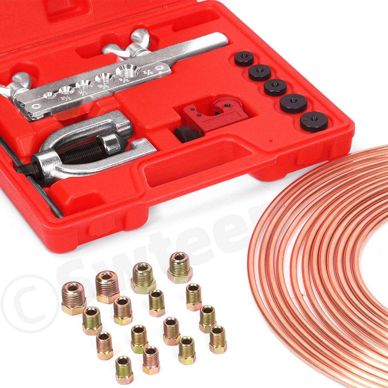 Swpeet 30Pcs in Set Copper Coated Brake Line Kit, Brake Line with Flaring Tool Kit, Includes 16 Fittings and 4 Unions, Flaring Tool Set for Single and Double Flares with 5 Adapters and Tube Cutter