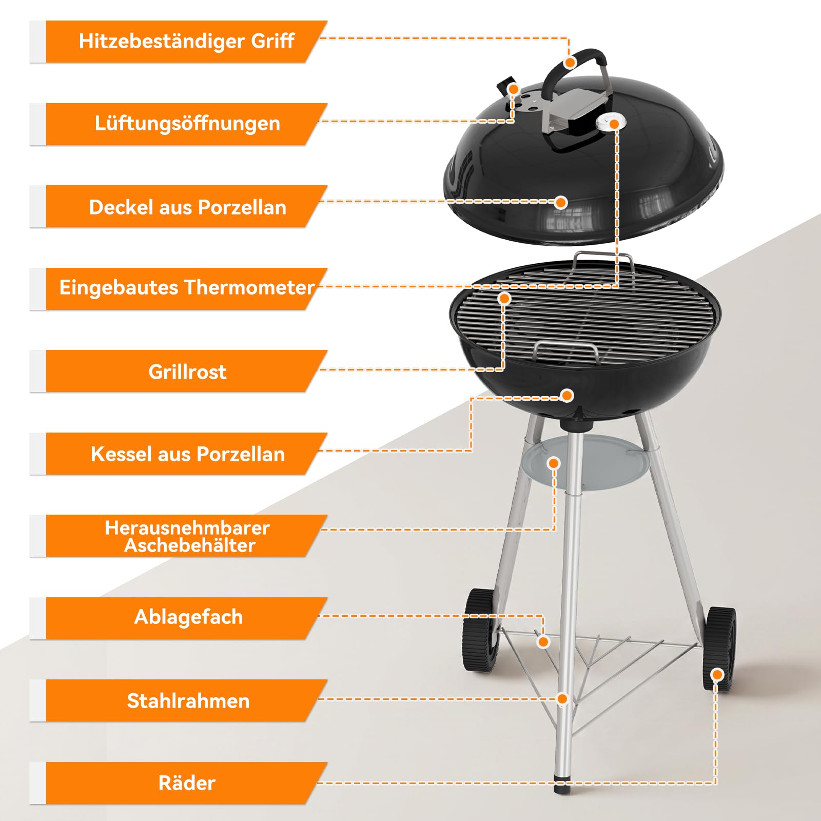 Aoxun Holzkohlegrill, 47 cm Kugelgrill mit Thermometer und regulierbarer Luftzufuhr, kratzfeste, emaillierte Grillschale, Ascheauffangbehälter, Rollen und Ablage, für Garten, und Outdoor, schwarz