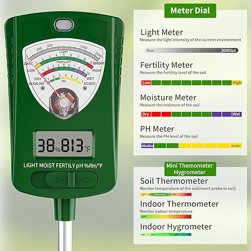 Miniatura 8 de Medidor de humedad del suelo, 7 en 1, humedad del suelopHfertilidadtemperatura del sueloluztemperatura del aireprobador de humedad, kits de