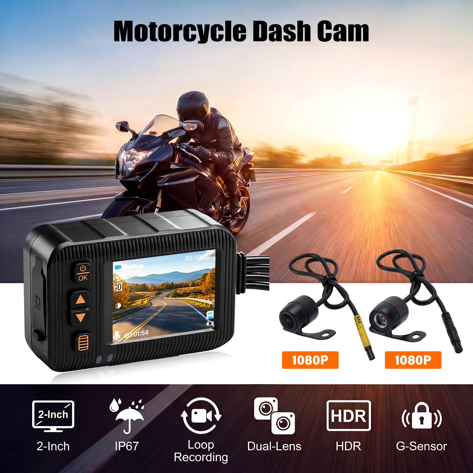Moto 2-Pollici con Doppia Dash Cam, Videocamera Impermeabile per MOTO con Riprese Anteriori e Posteriori, con Visione Notturna, Sensore G, Doppia Lente, Registrazione in Loop, Dashcam DVR